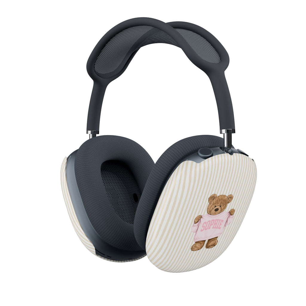 PERSONALIZED VARSITY SWEATER BEIGE STRIPES CUSTOM TEDDY BEAR NAME AIRPODS MAX CASE COVERS