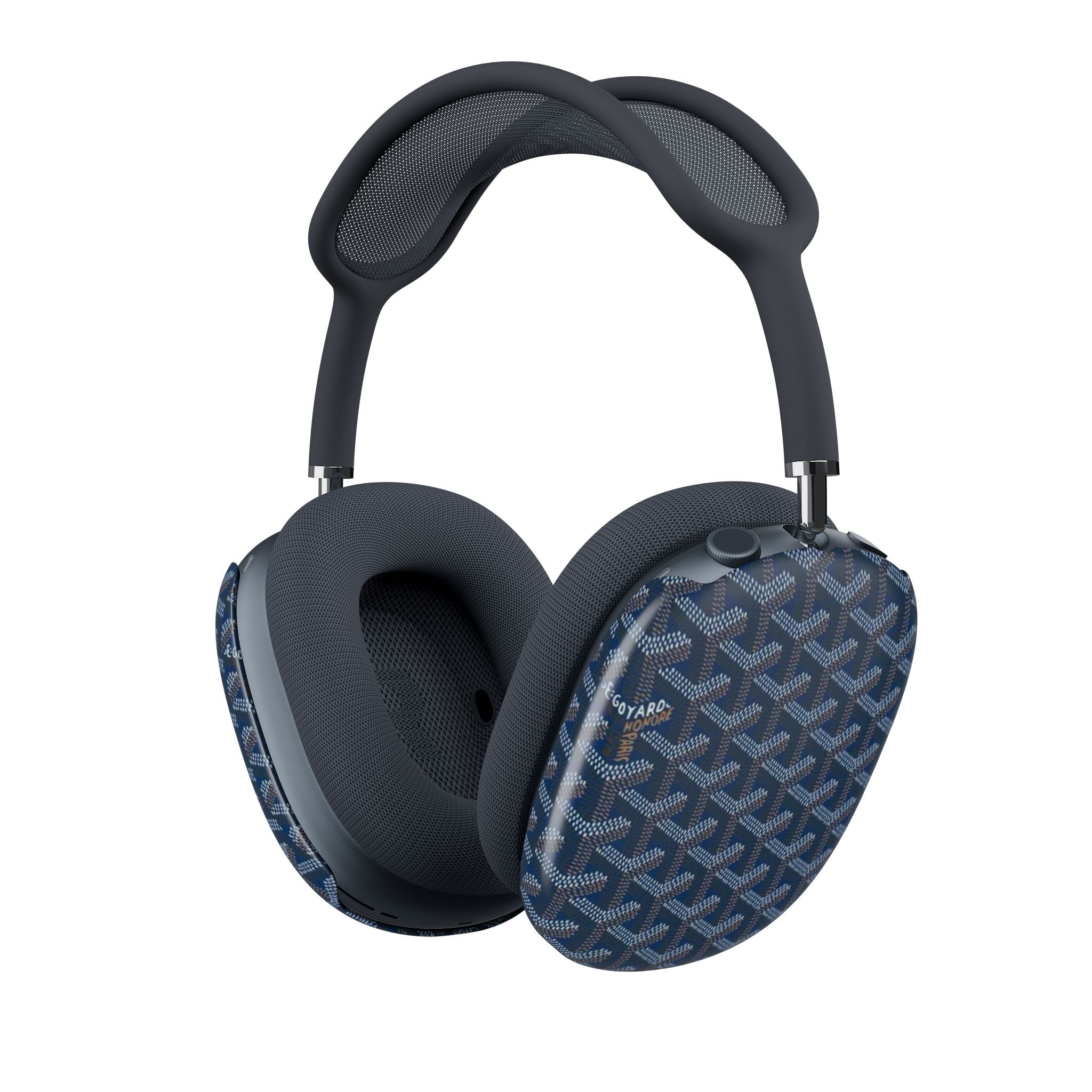 AirPods Max case covers on headphones, steel blue GOYARD pattern