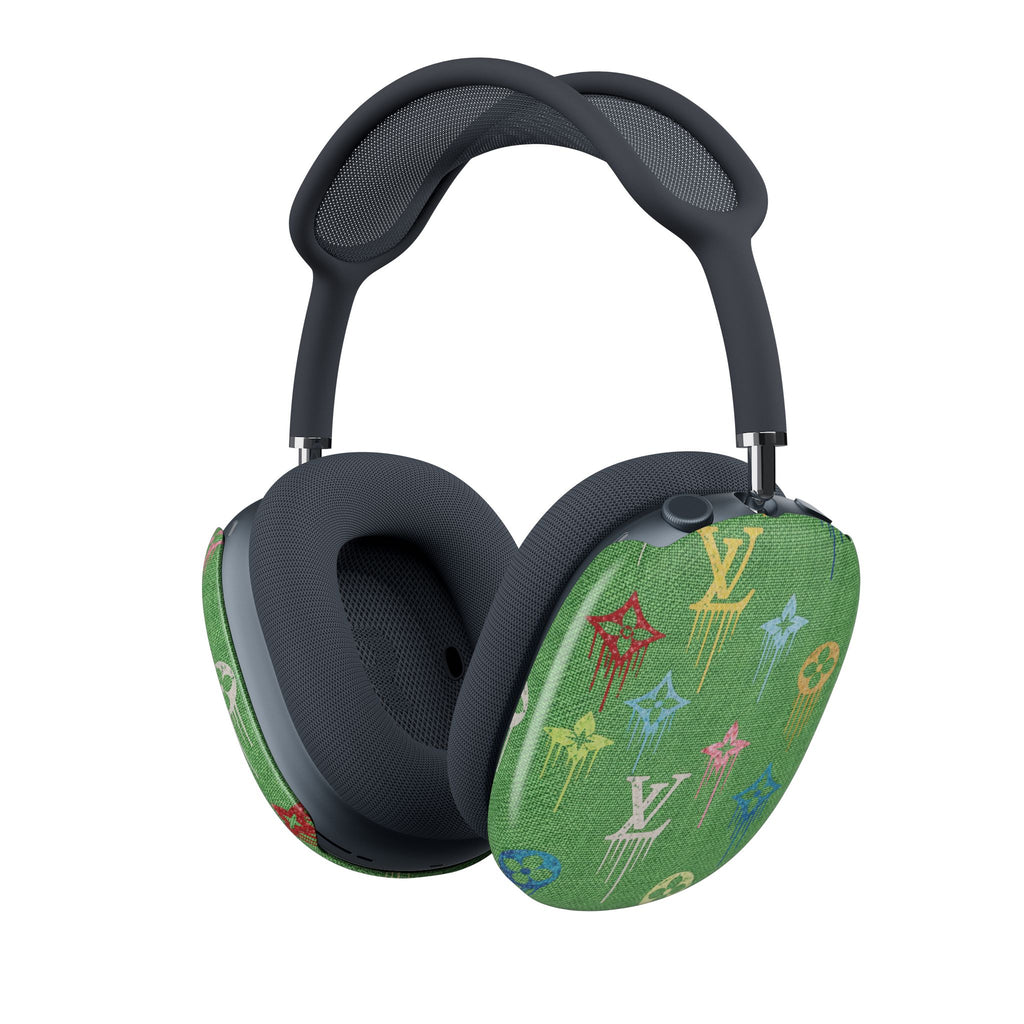 Green AirPods Max case cover with multicolor LV monogram pattern attached