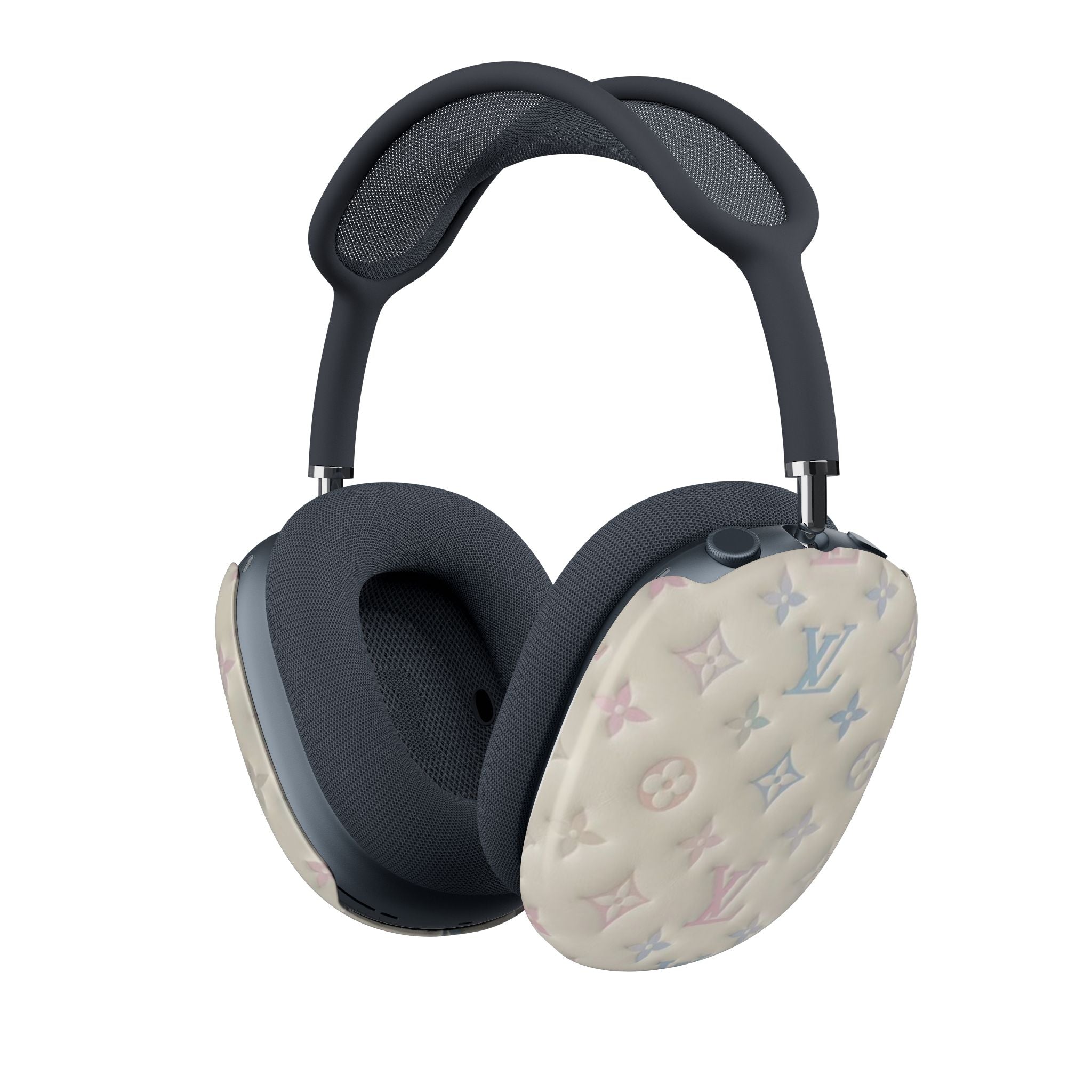 Ivory AirPods Max ear cup cover with multicolor LV monogram on dark headphones