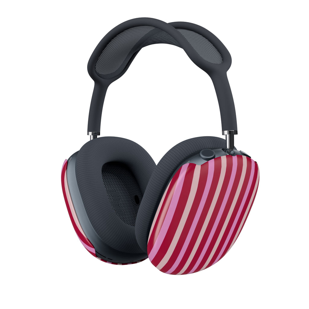 Striped case covers on AirPods Max headphones, berry pink and white vertical stripes.