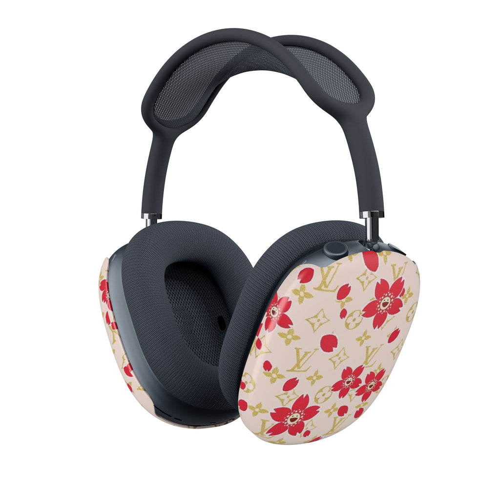 AirPods Max earcup cover with ivory base, red floral print on black earcups
