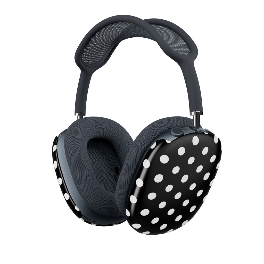 Earcup cover for AirPods Max, black-and-white polka dot pattern over headphones.