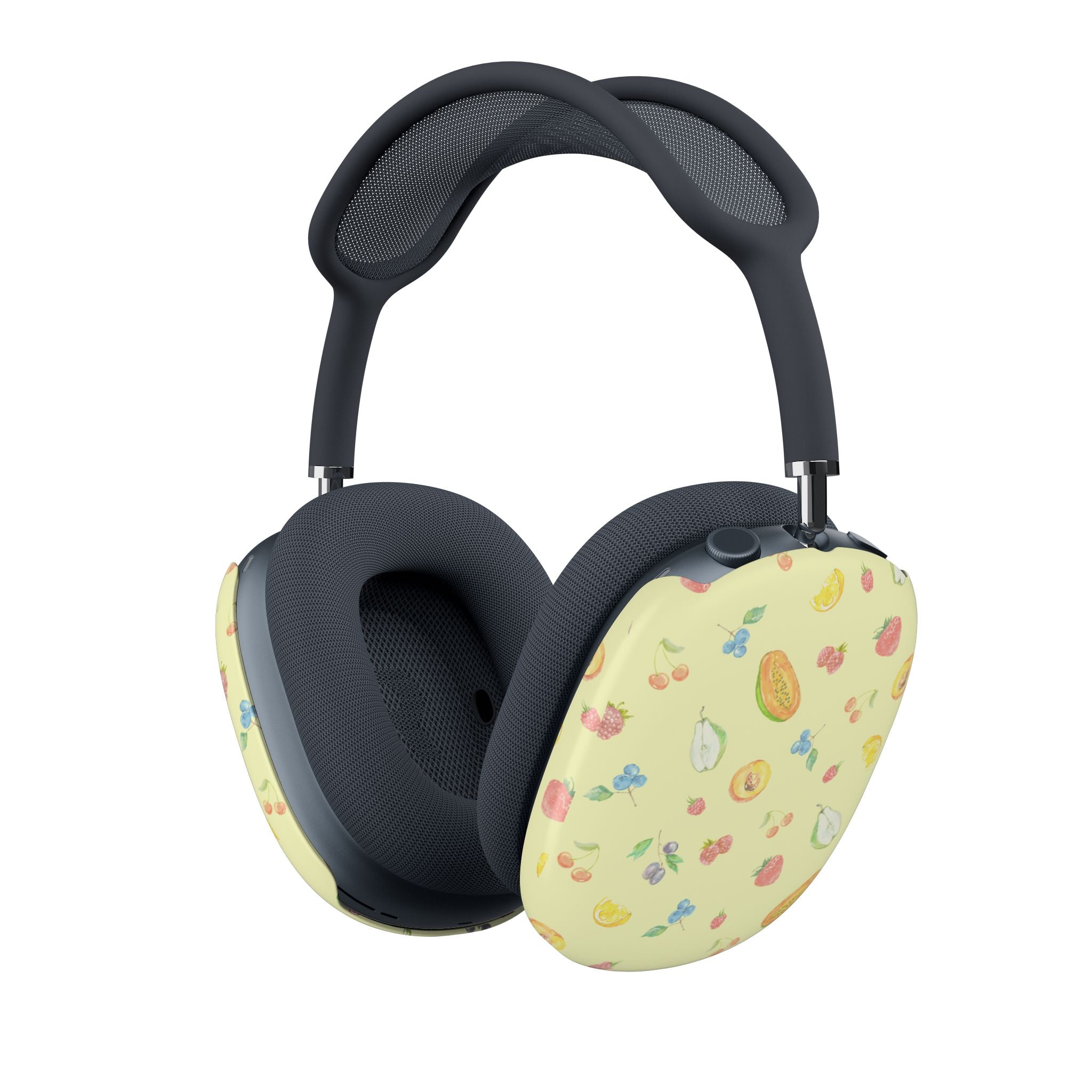 Fruit-pattern earcup covers on dark over-ear headphones, light yellow with fruit print