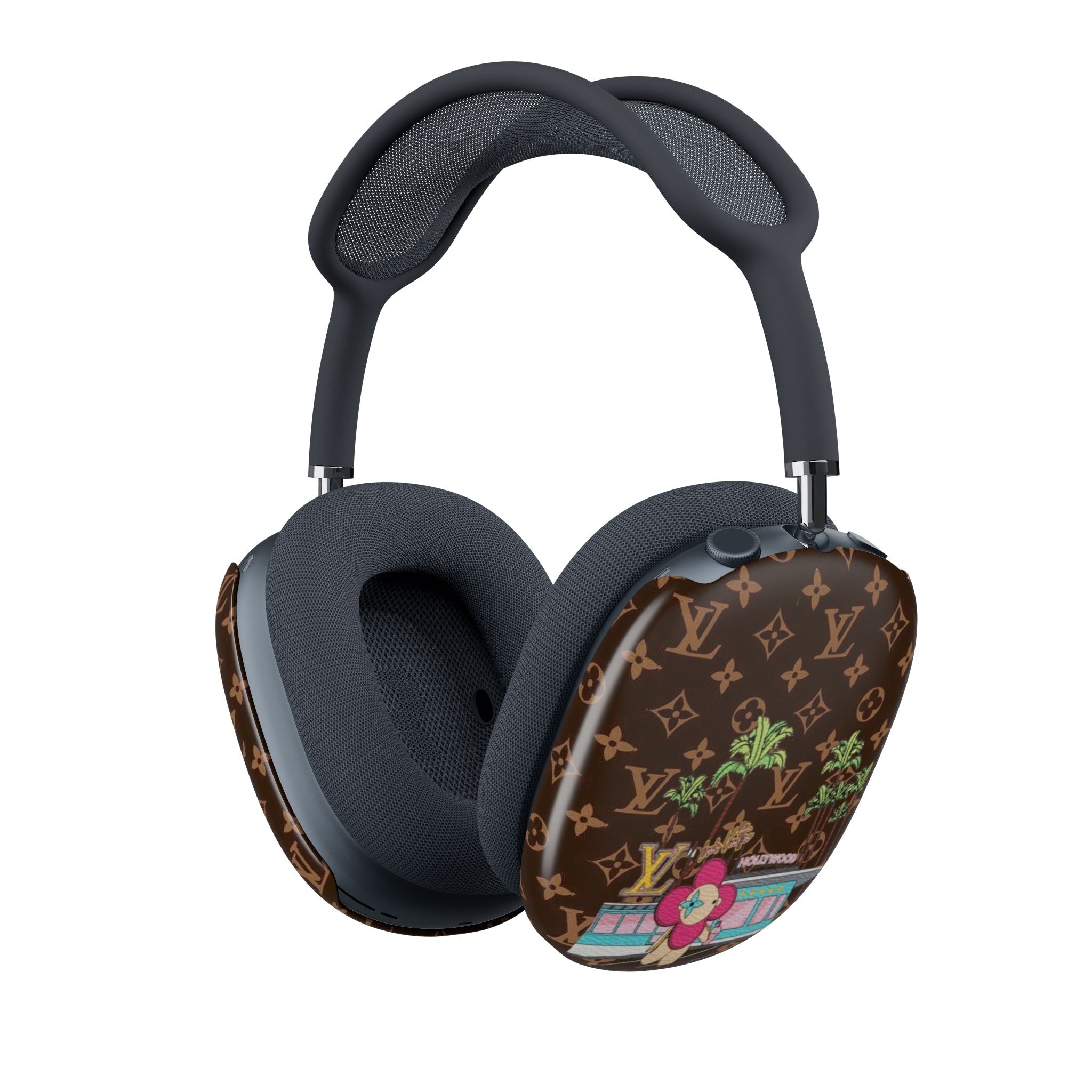 AirPods Max case covers with brown monogram print and colorful patio illustration