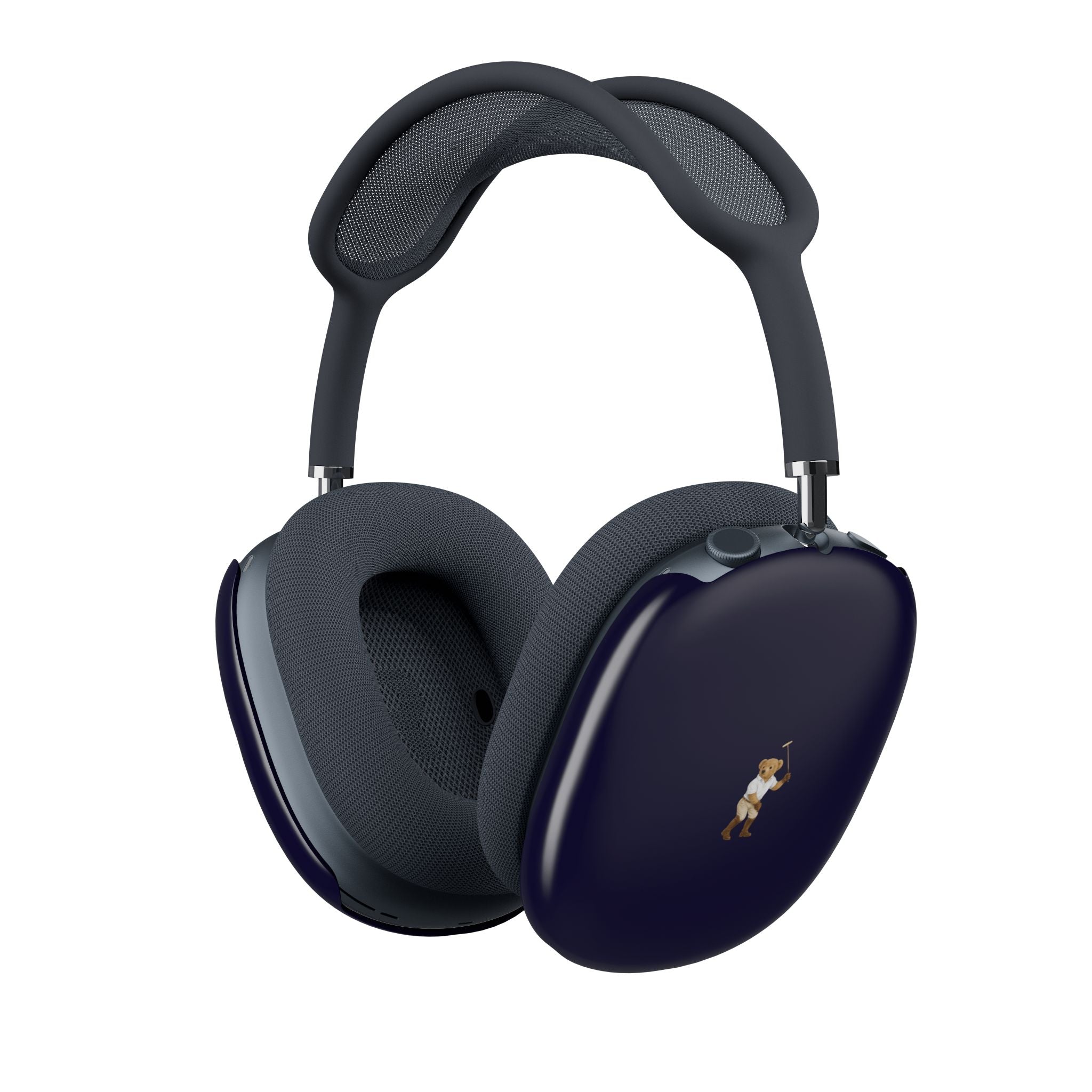 Navy teddy bear earcup covers for AirPods Max, snug fit on dark gray headphones