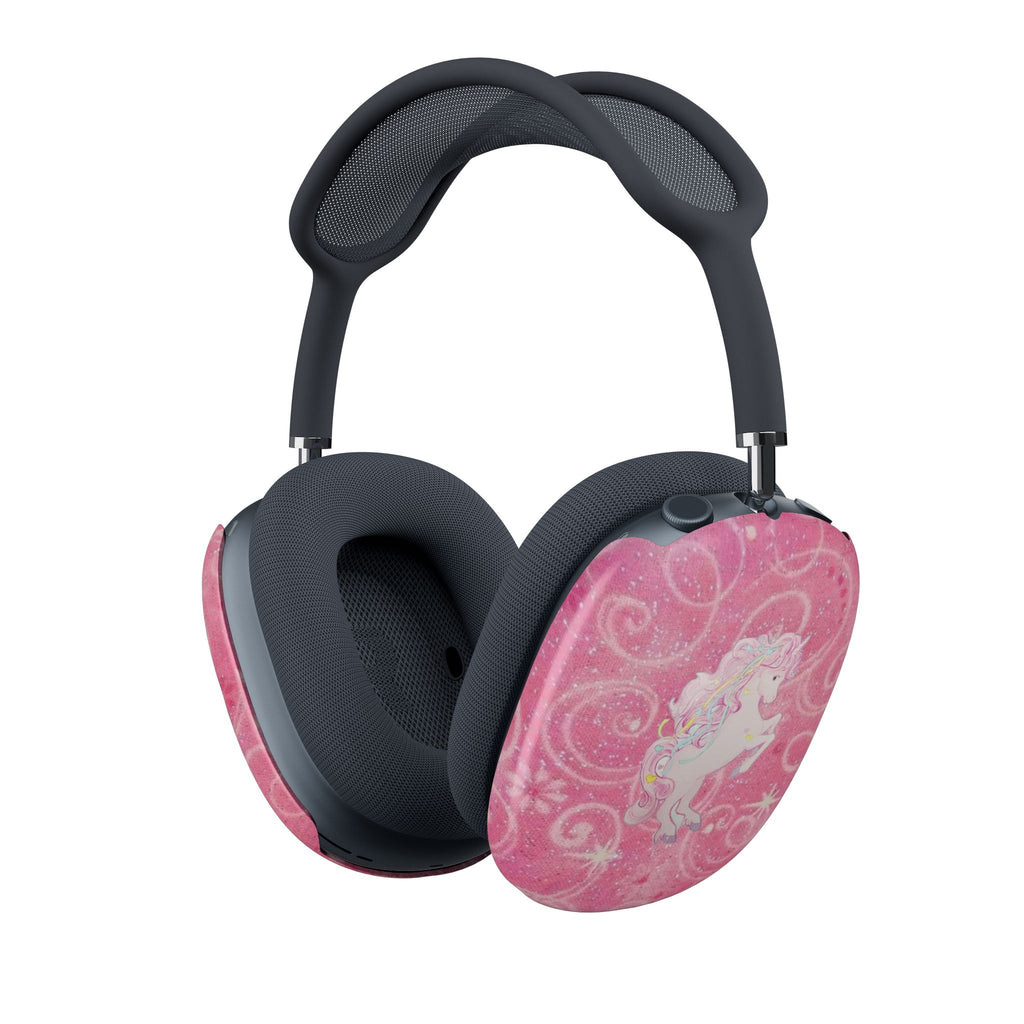 Pink glitter unicorn case cover for AirPods Max earcup, shown on headphones