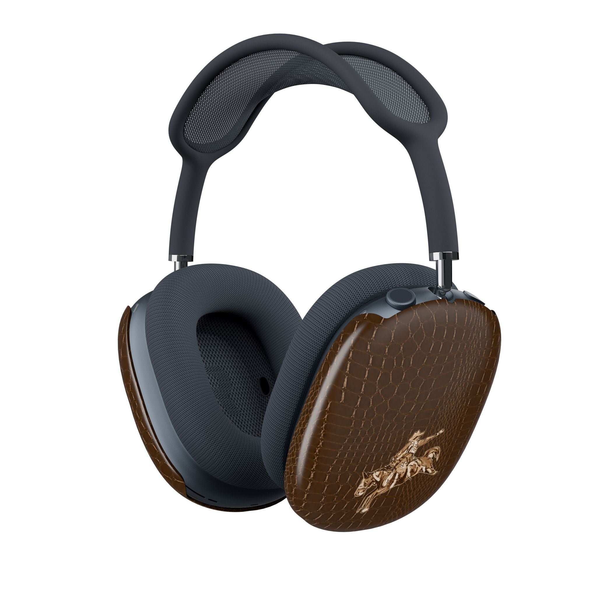 Brown croc case covers on AirPods Max with gold cowboy horse on ear cups