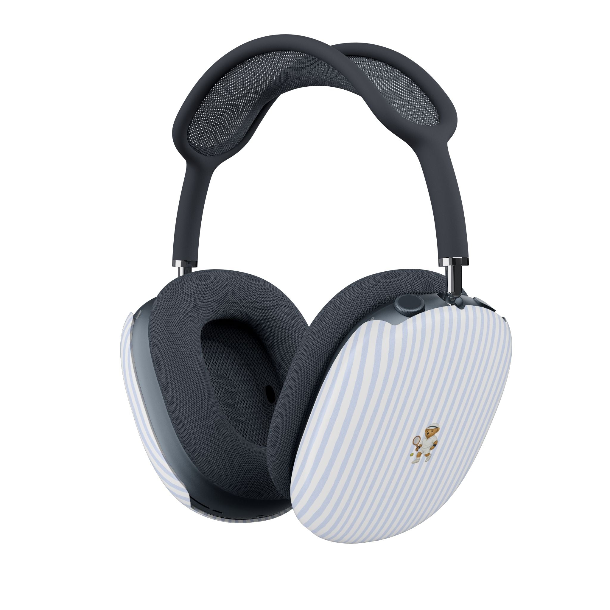AirPods Max ear cover set with blue striped pattern and teddy bear patch