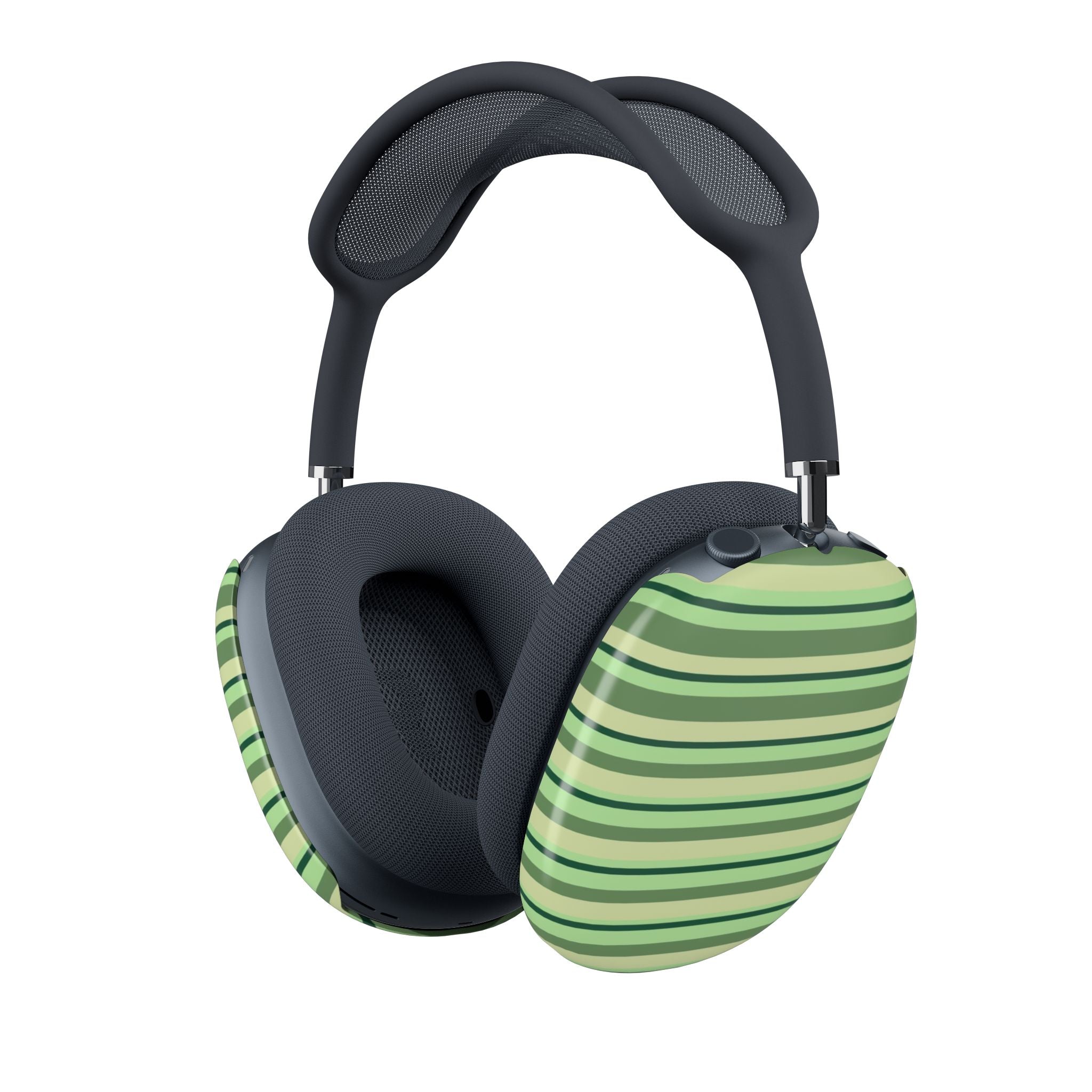 Green horizontal striped ear cup covers on black headphones