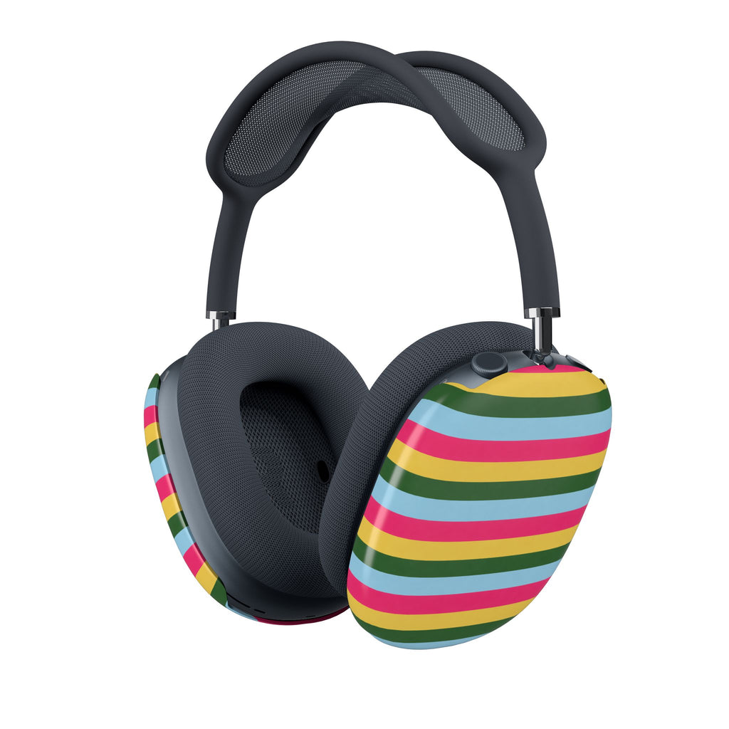Rainbow striped AirPods Max case covers on dark gray headphones, multicolor bands