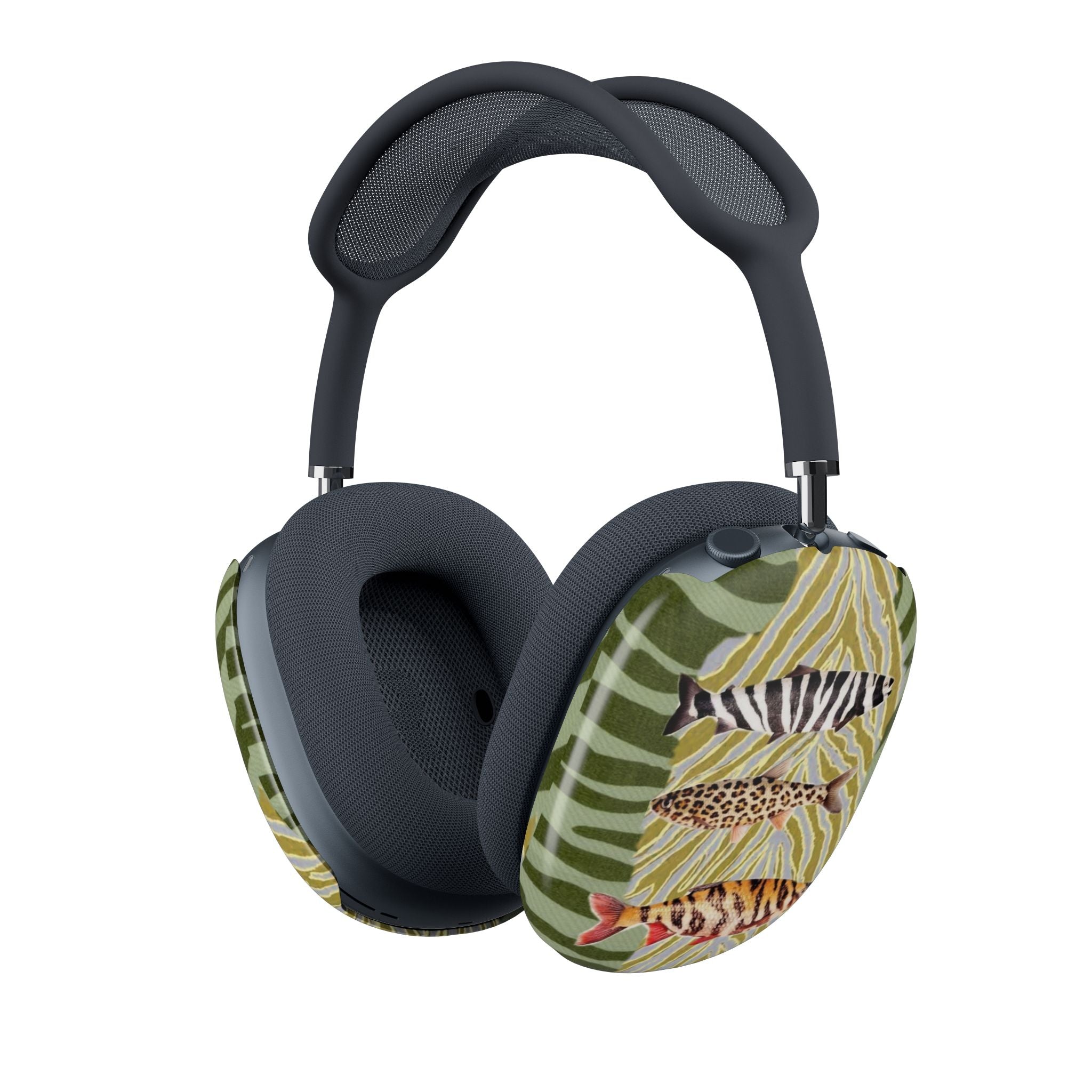 AirPods Max ear cup cover shown on headphones; green zebra animal pattern