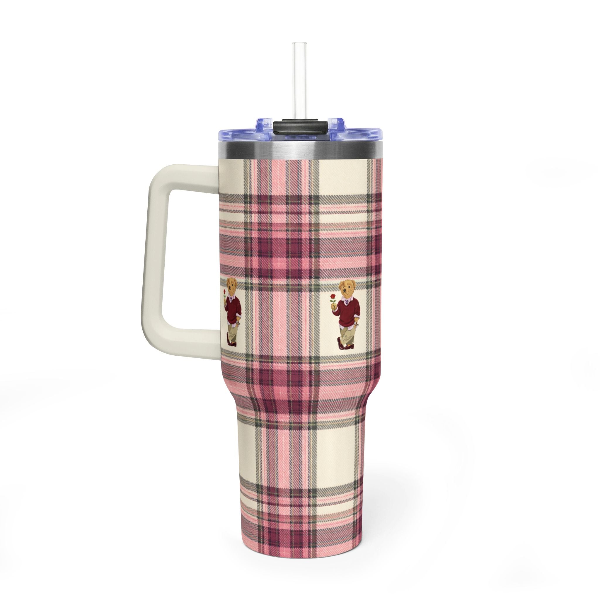 BEIGE & RED TARTAN PLAID RL TEDDY BEAR 40OZ STAINLESS STEEL TUMBLER