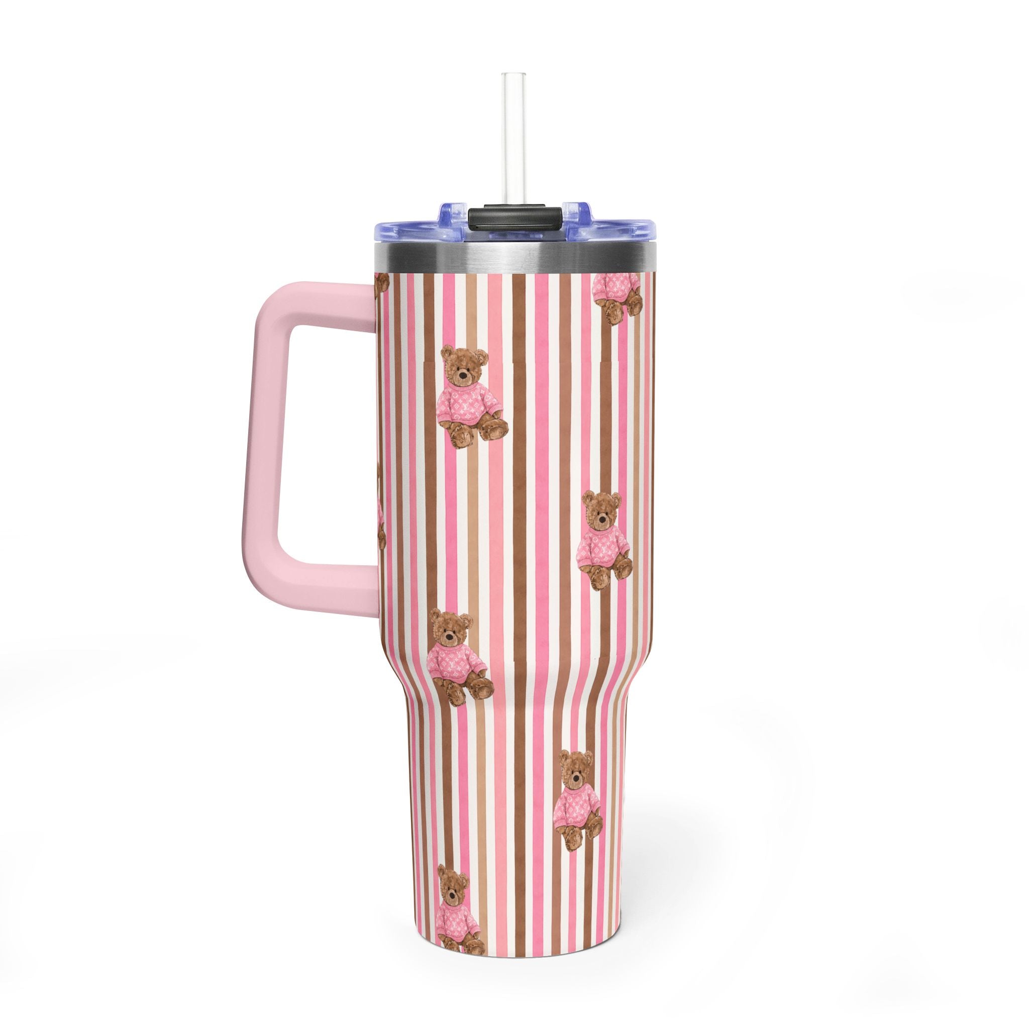 PINK & BROWN STRIPES LV TEDDY BEAR 40OZ STAINLESS STEEL TUMBLER