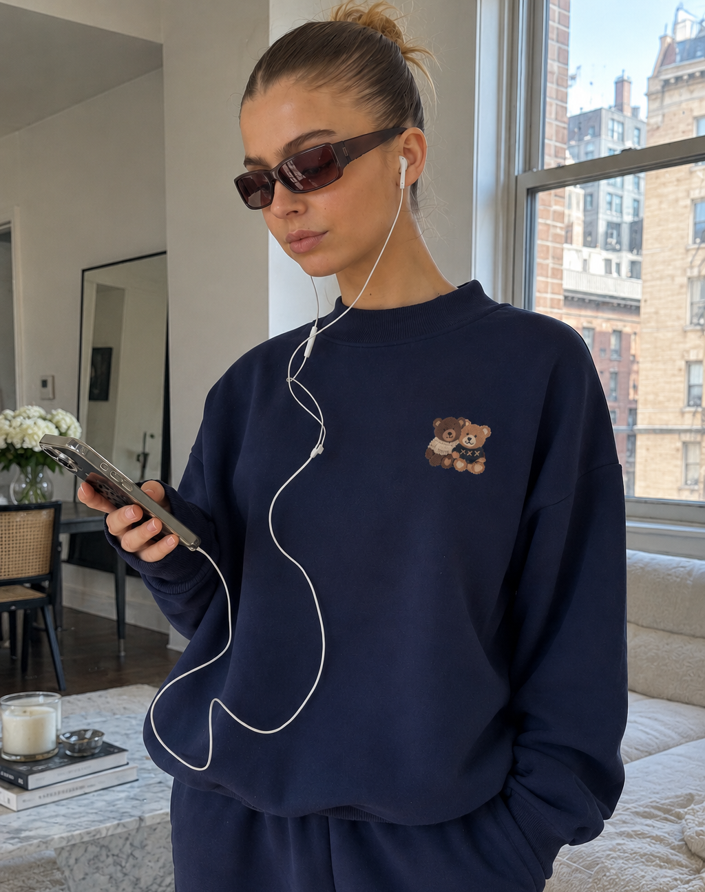 THE MINI TEDDY BEAR DUO NAVY BLUE CREWNECK SWEATSHIRT