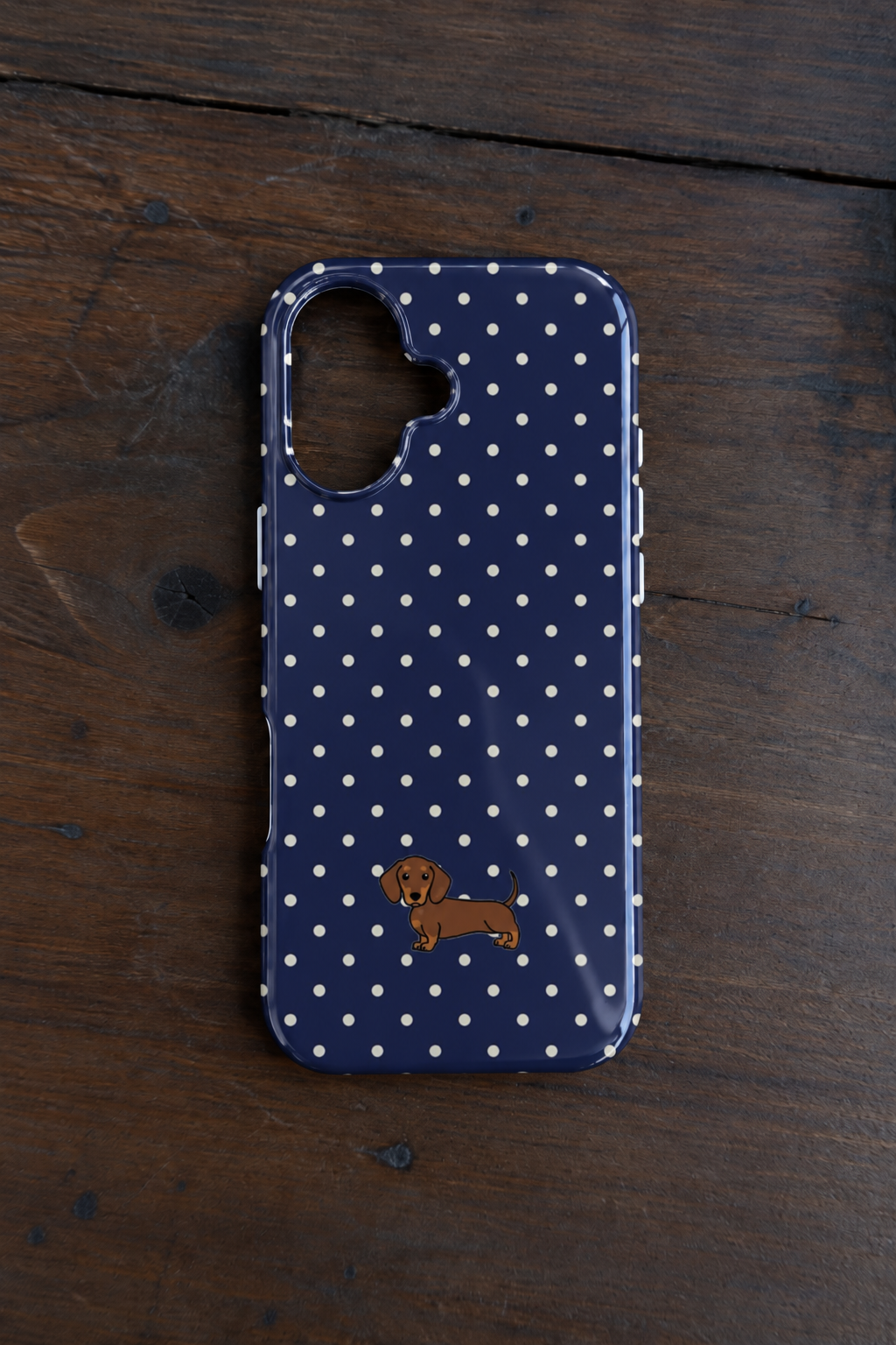 NAVY BLUE POLKA DOTS DACHSHUND PHONE CASE