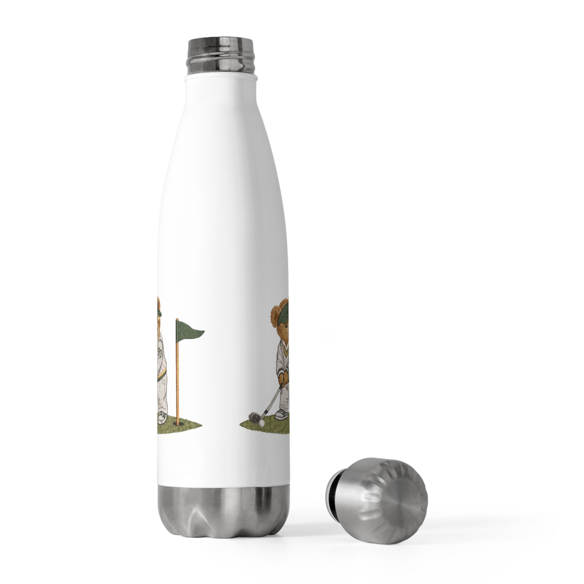 White stainless steel water bottle with matching screw-top lid and teddy bear graphic