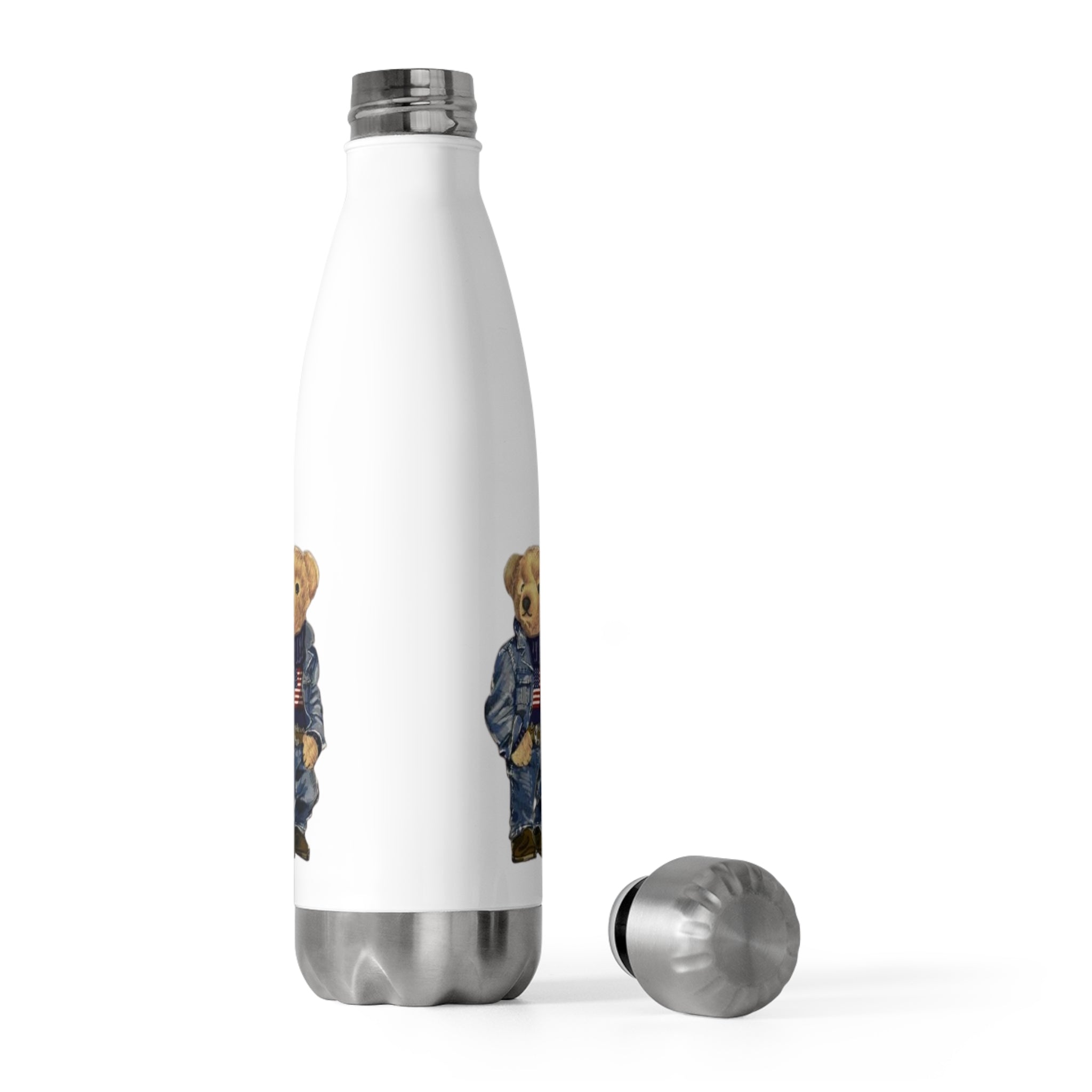 White stainless bottle with teddy bear print, silver lid shown separately
