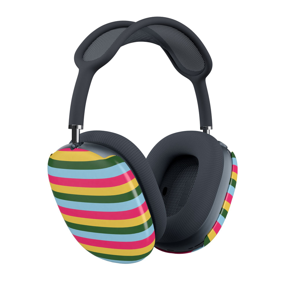 AirPods Max case cover with rainbow horizontal stripes, multicolor bands on dark gray