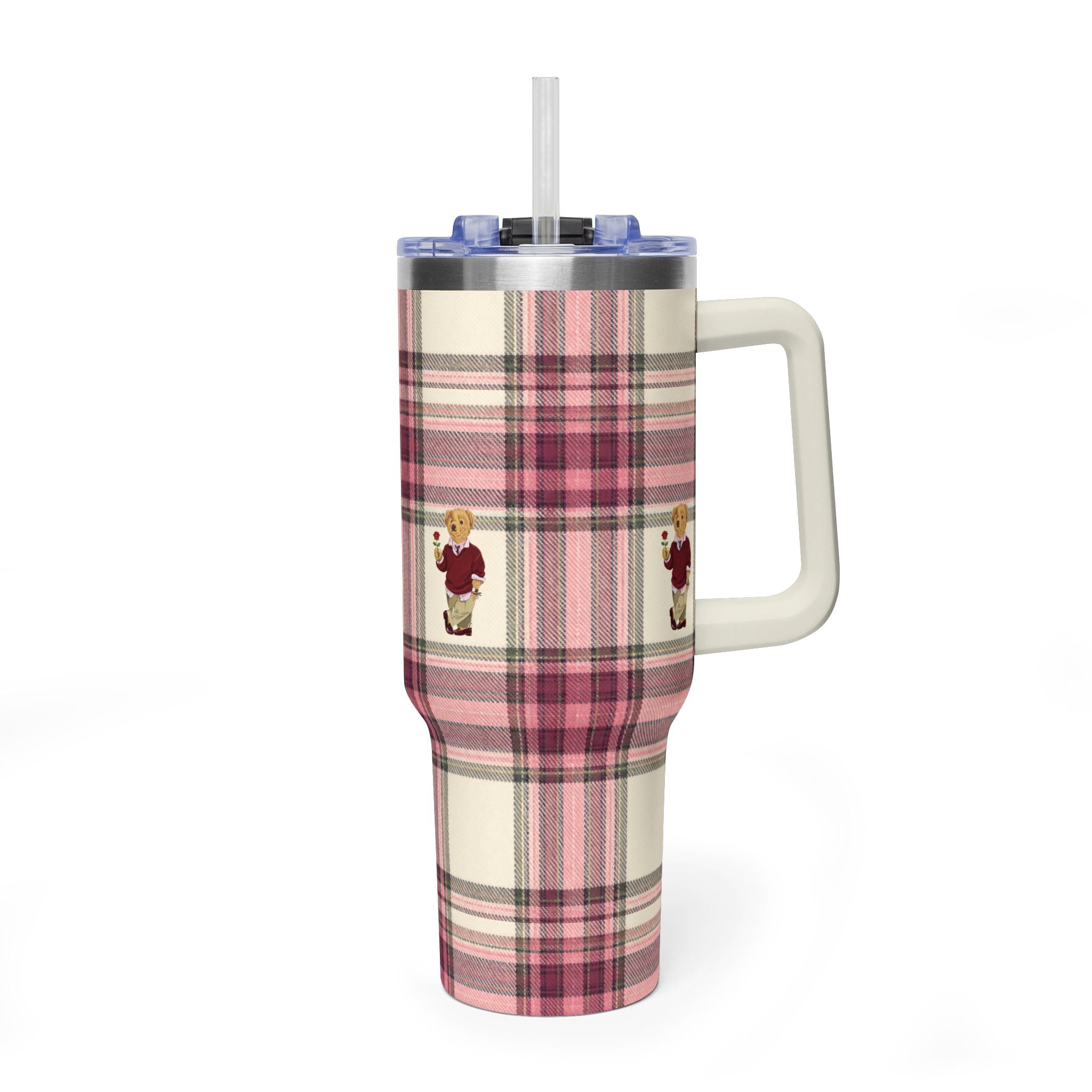 BEIGE & RED TARTAN PLAID RL TEDDY BEAR 40OZ STAINLESS STEEL TUMBLER