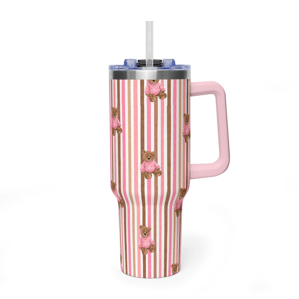 PINK & BROWN STRIPES LV TEDDY BEAR 40OZ STAINLESS STEEL TUMBLER