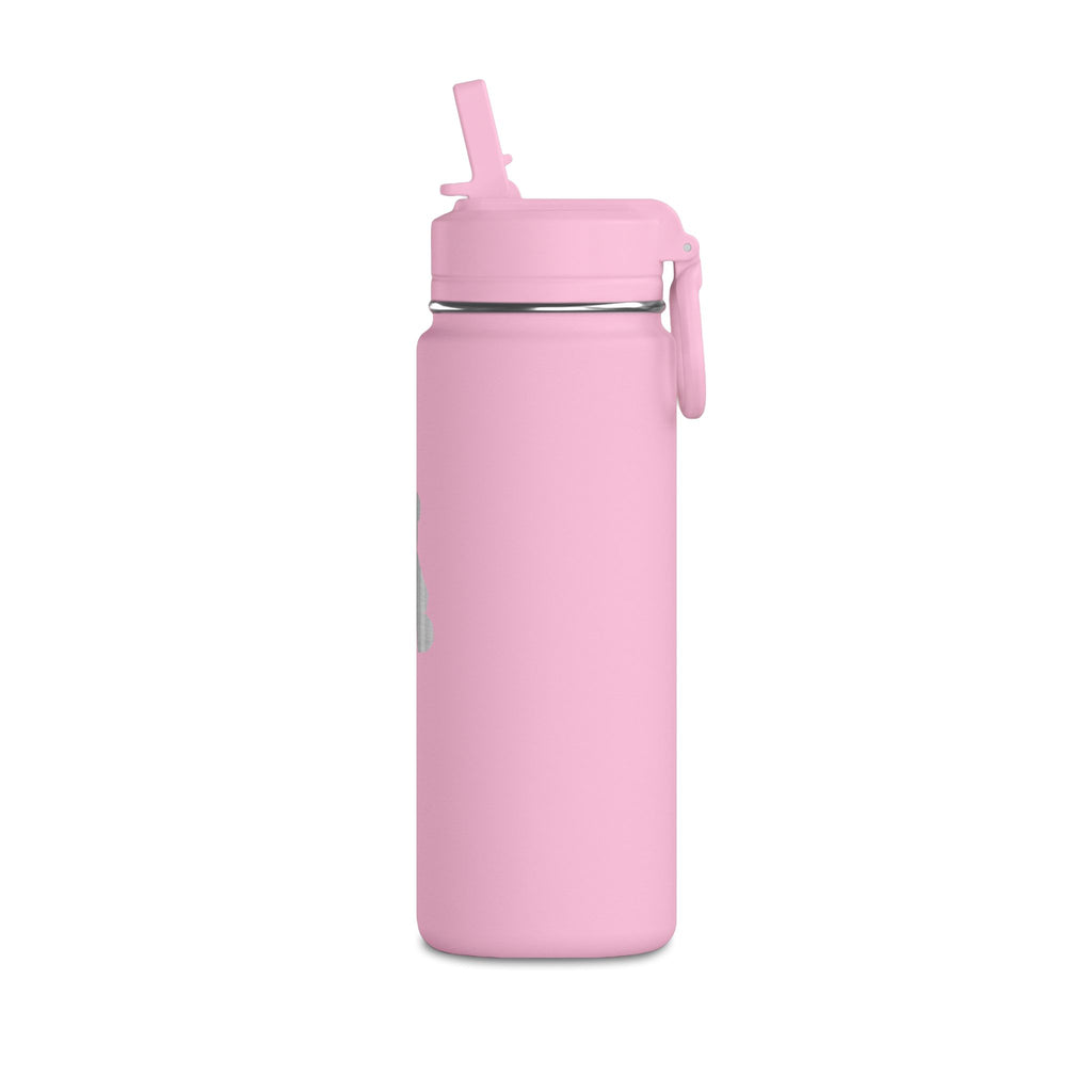 Pink stainless steel water bottle with flip-top lid and attached grip handle