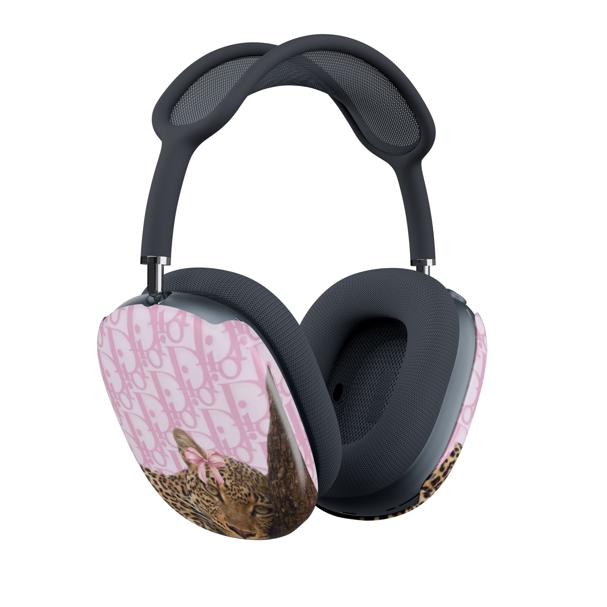 Pink AirPods Max case cover with Dior monogram print and cheetah face on ear pads