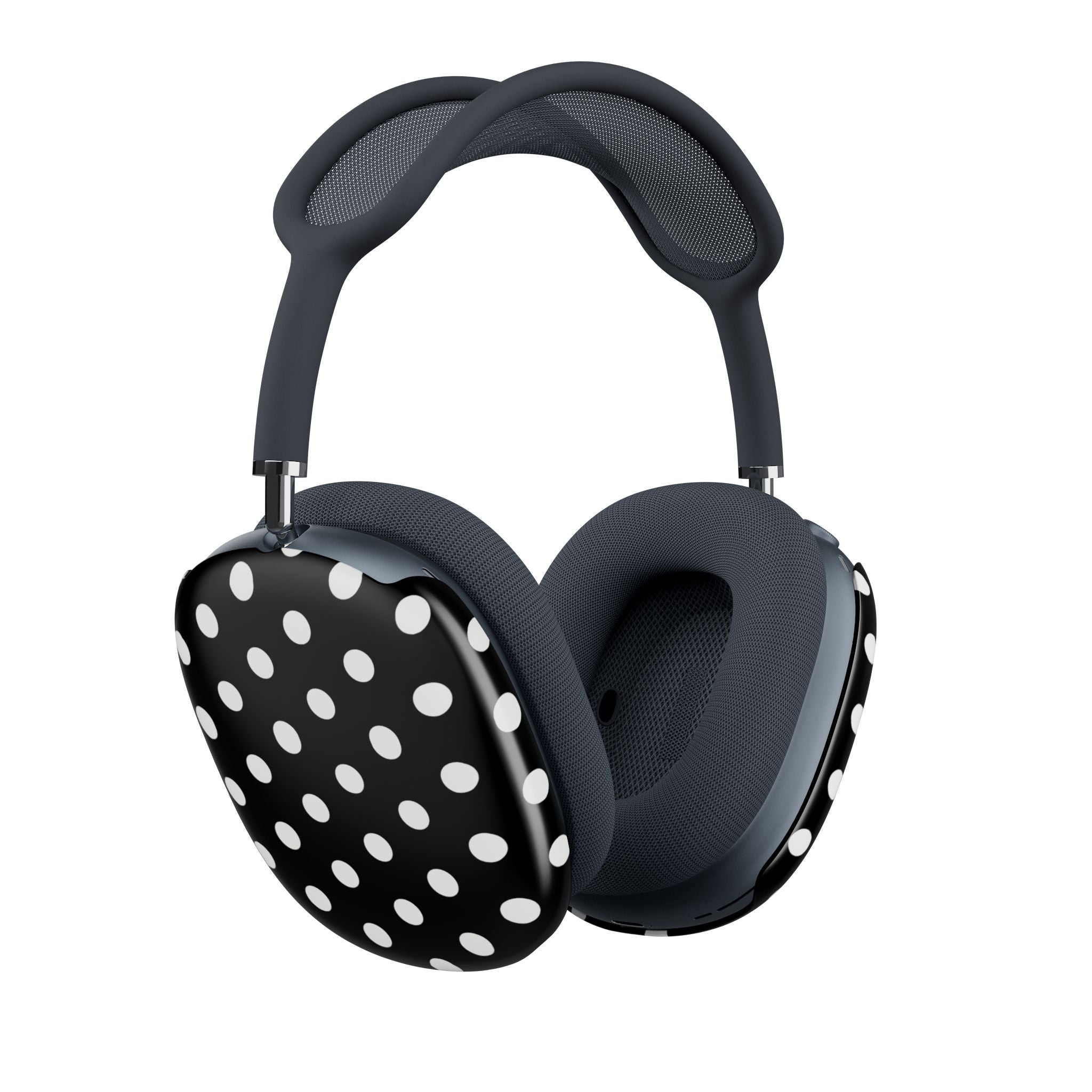 AirPods Max earcup cover, black base with scattered white polka dots.