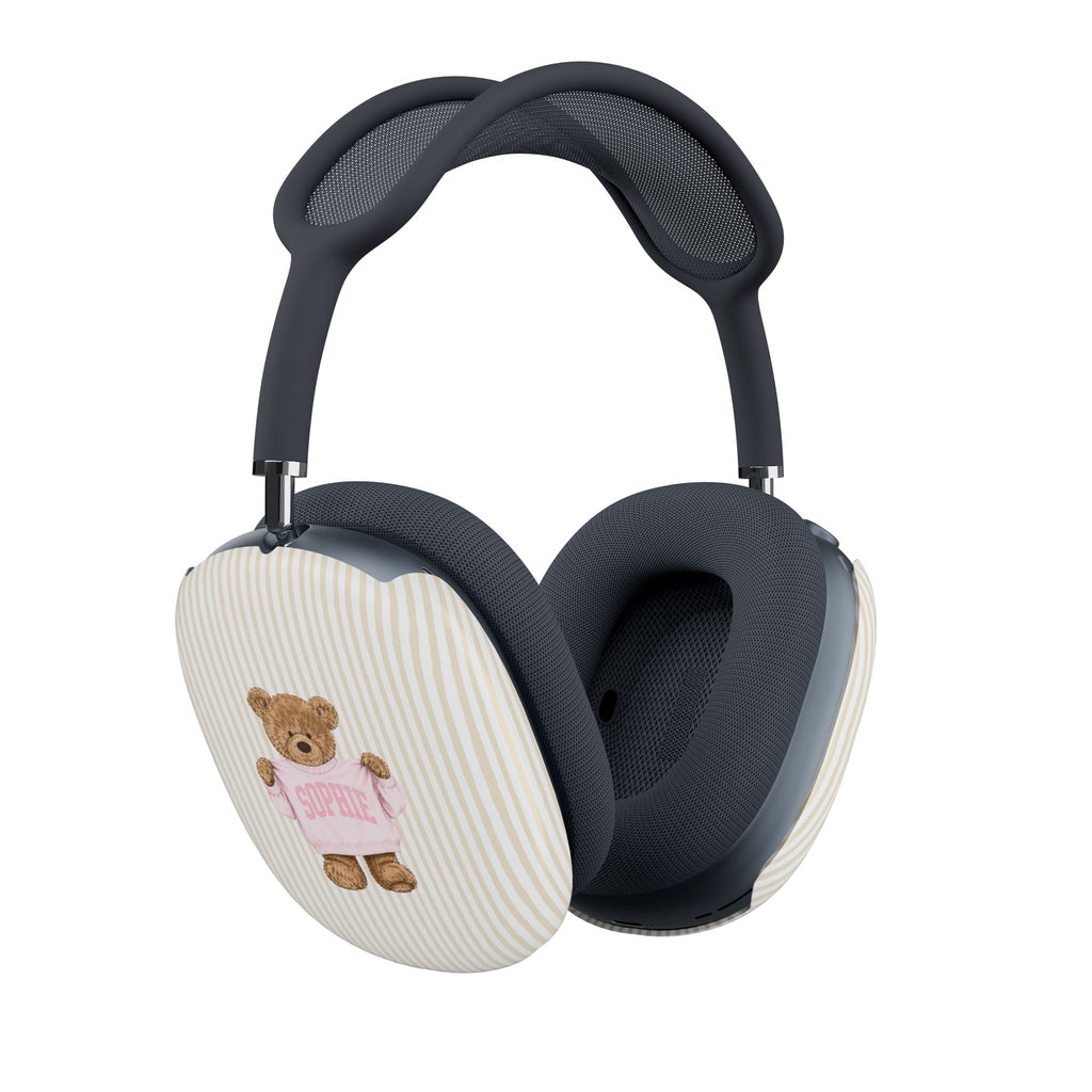 PERSONALIZED VARSITY SWEATER BEIGE STRIPES CUSTOM TEDDY BEAR NAME AIRPODS MAX CASE COVERS