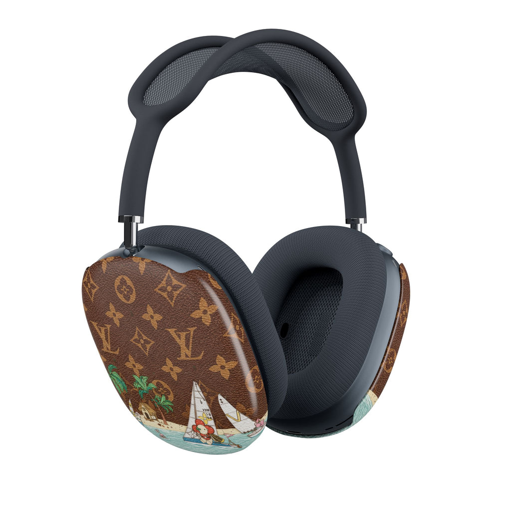 AirPods Max earcup case cover, brown LV monogram with tropical water and sailboat print
