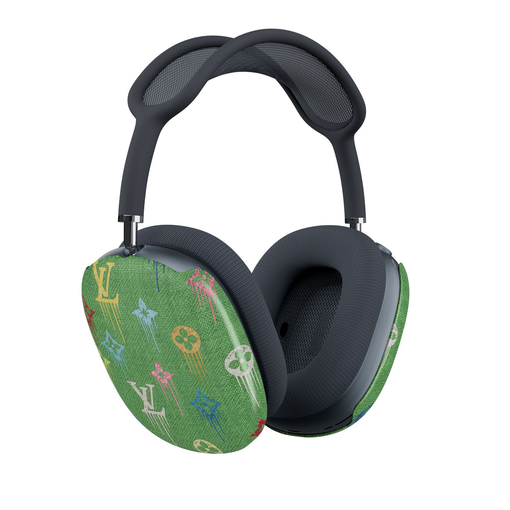 Green AirPods Max case cover with multicolor LV monogram pattern on ear cup