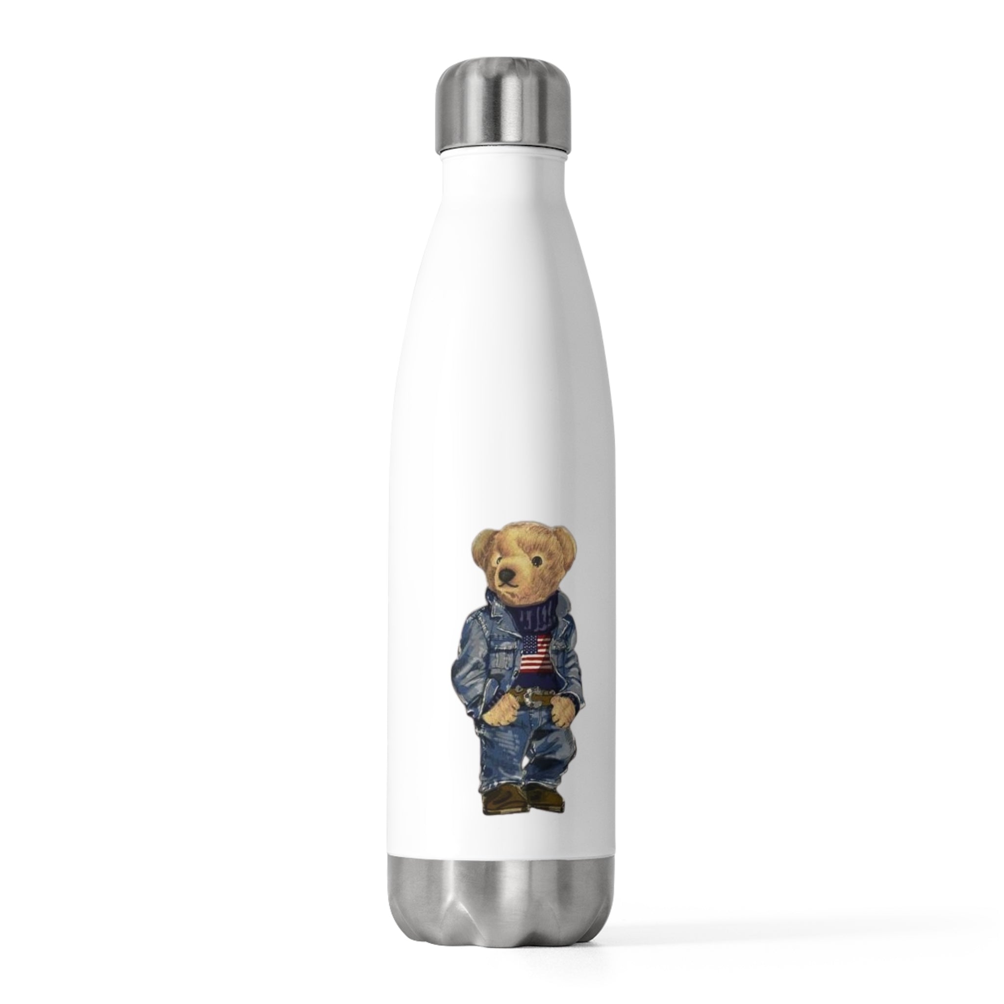 White stainless water bottle with teddy bear illustration and silver base