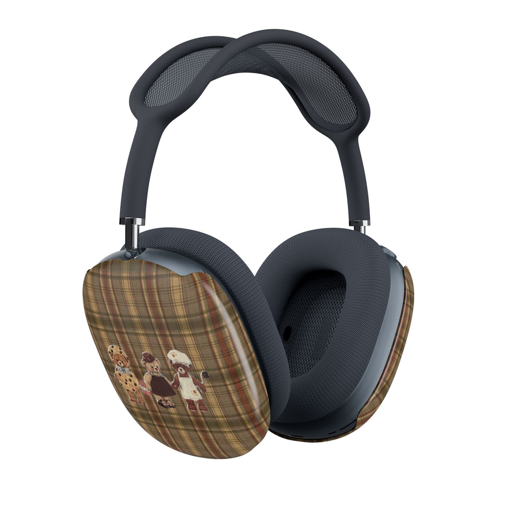 Brown plaid ear cup covers for AirPods Max with teddy bear trio print