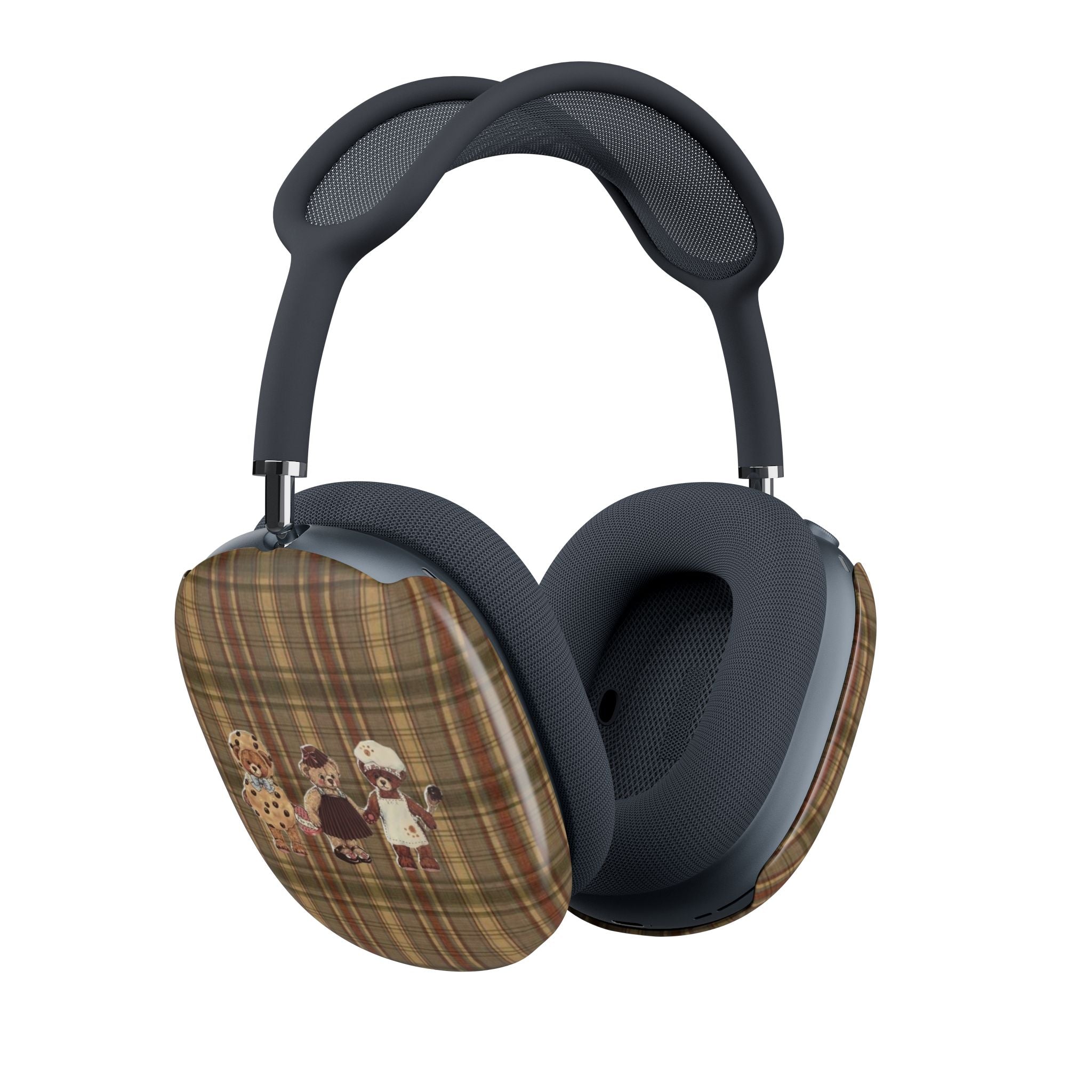 Brown plaid ear cup covers for AirPods Max with teddy bear trio print