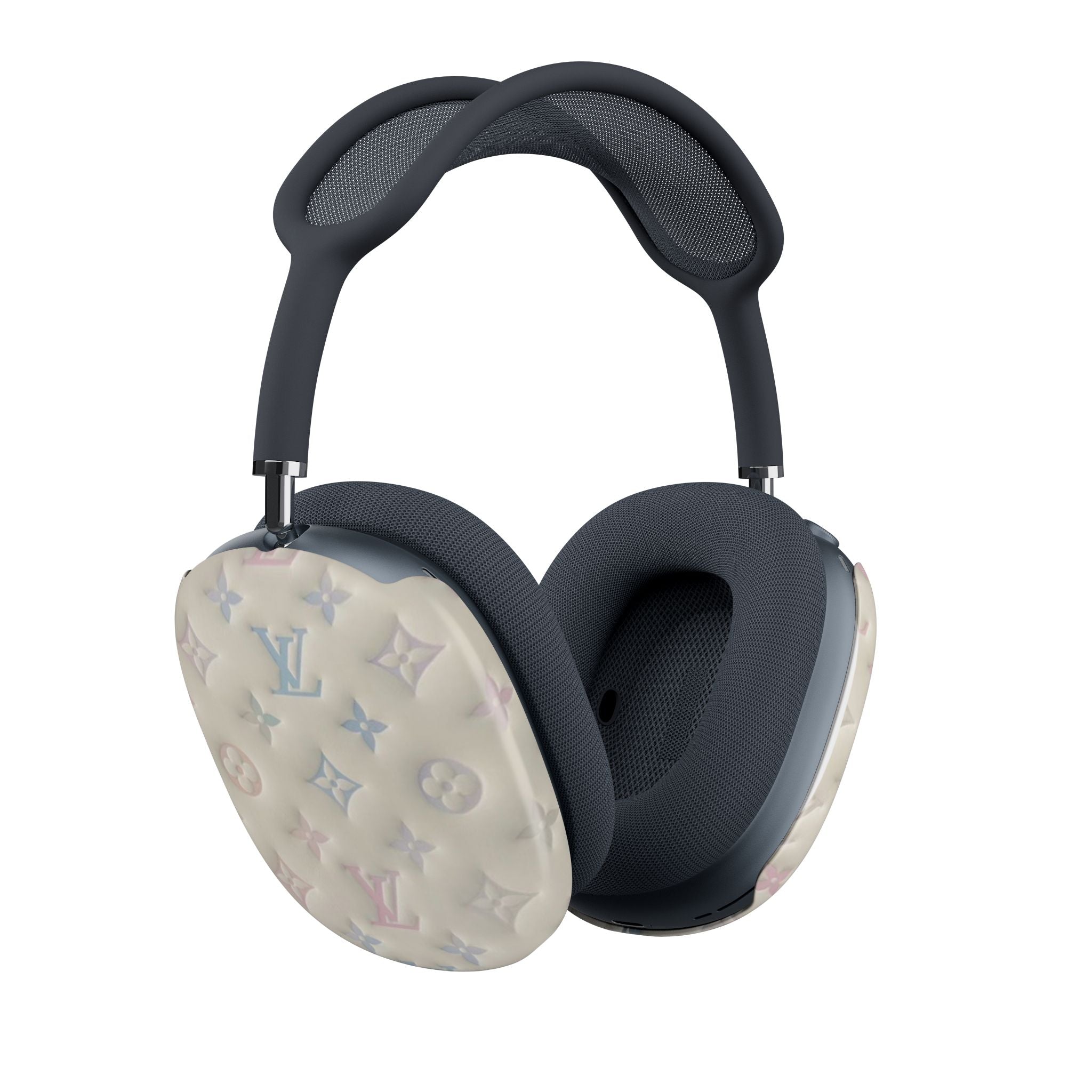 Ivory AirPods Max ear cup covers with multicolor LV monogram on headphones