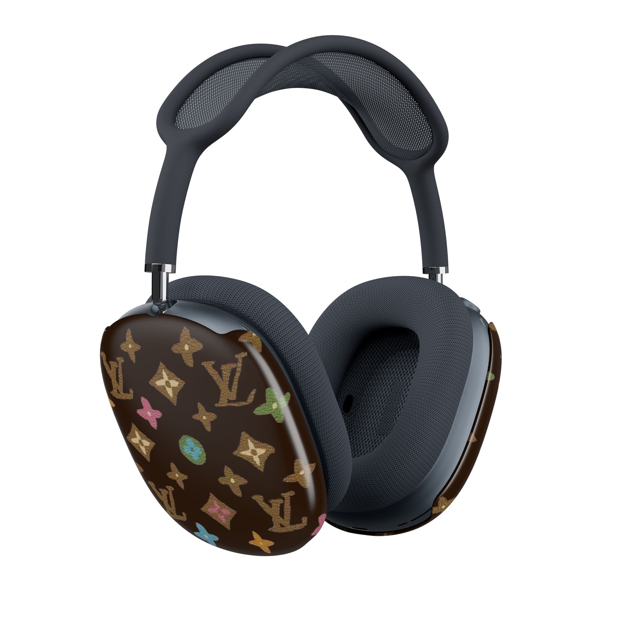 AirPods Max case cover on ear cup, brown with multicolor monogram pattern, side view