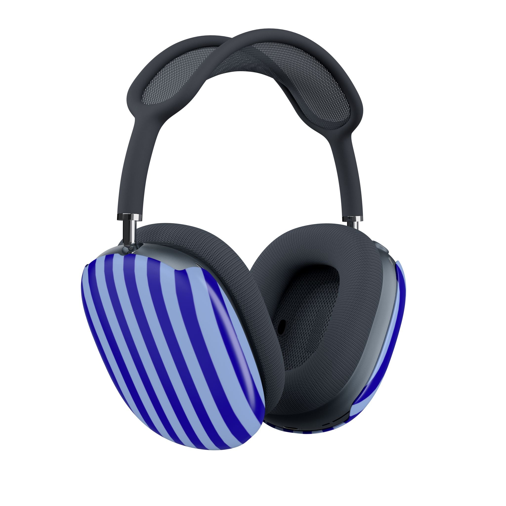 AirPods Max headphones with blue and white striped earcup covers