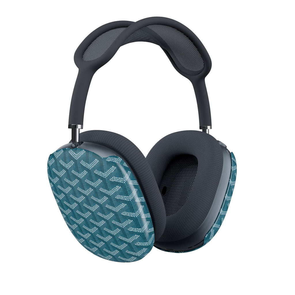 Teal Goyard-pattern AirPods Max ear cup covers, side view