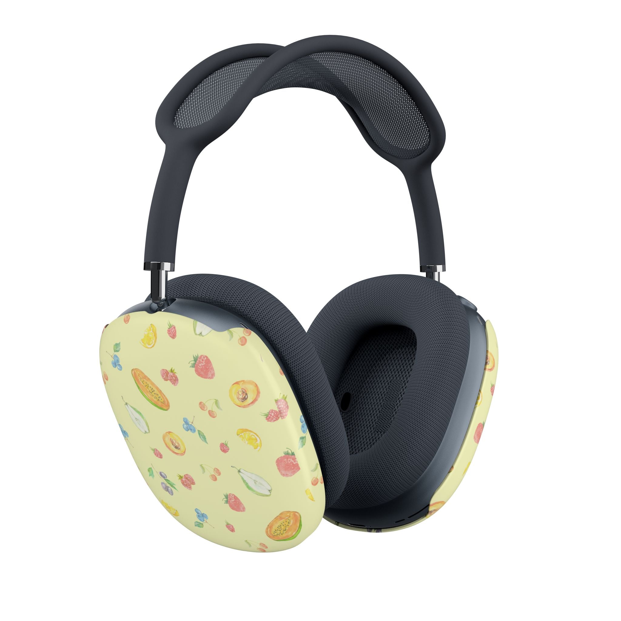 Fruit-print earcup covers on over-ear headphones, light yellow with mixed fruit shapes