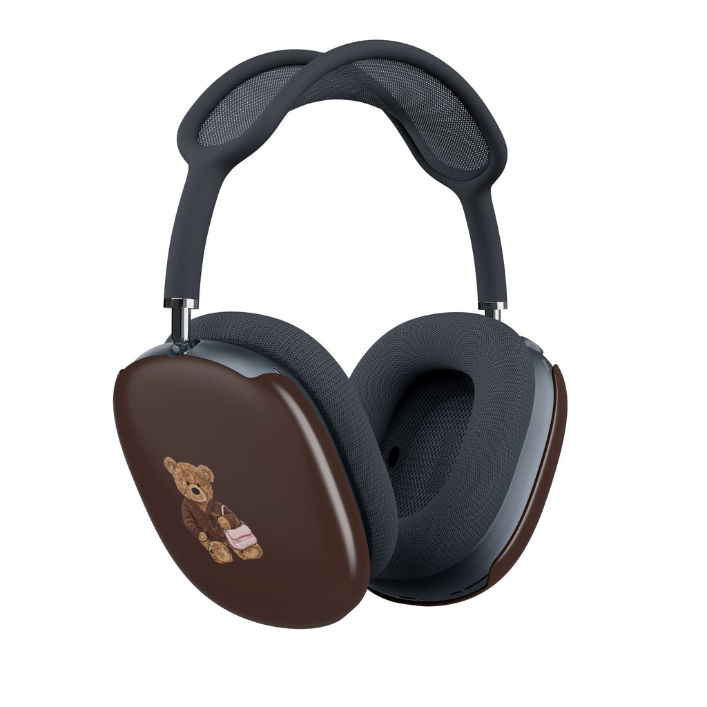 Brown AirPods Max case cover with teddy bear graphic on left earcup, Dior