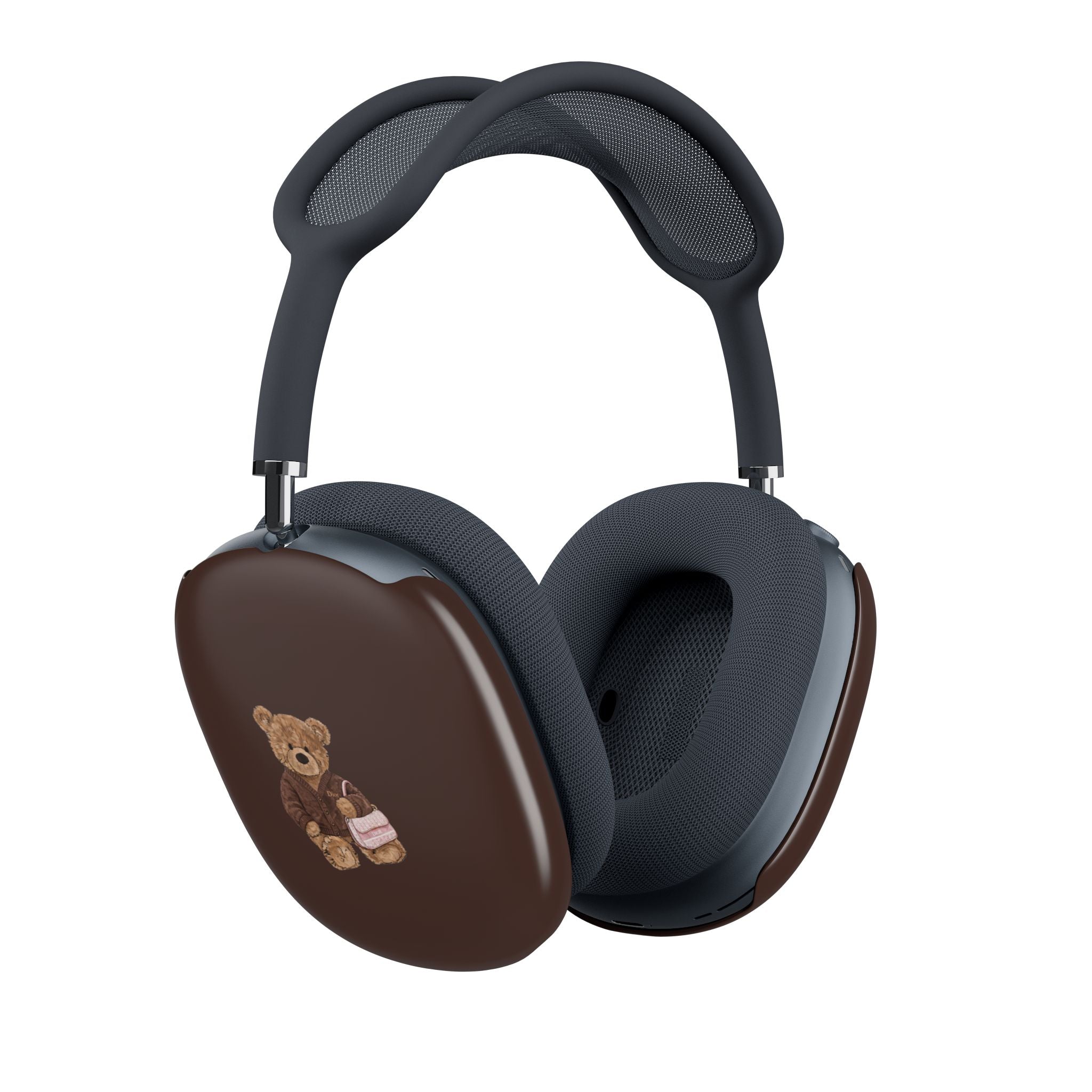 Brown AirPods Max case cover with teddy bear graphic on left earcup, Dior