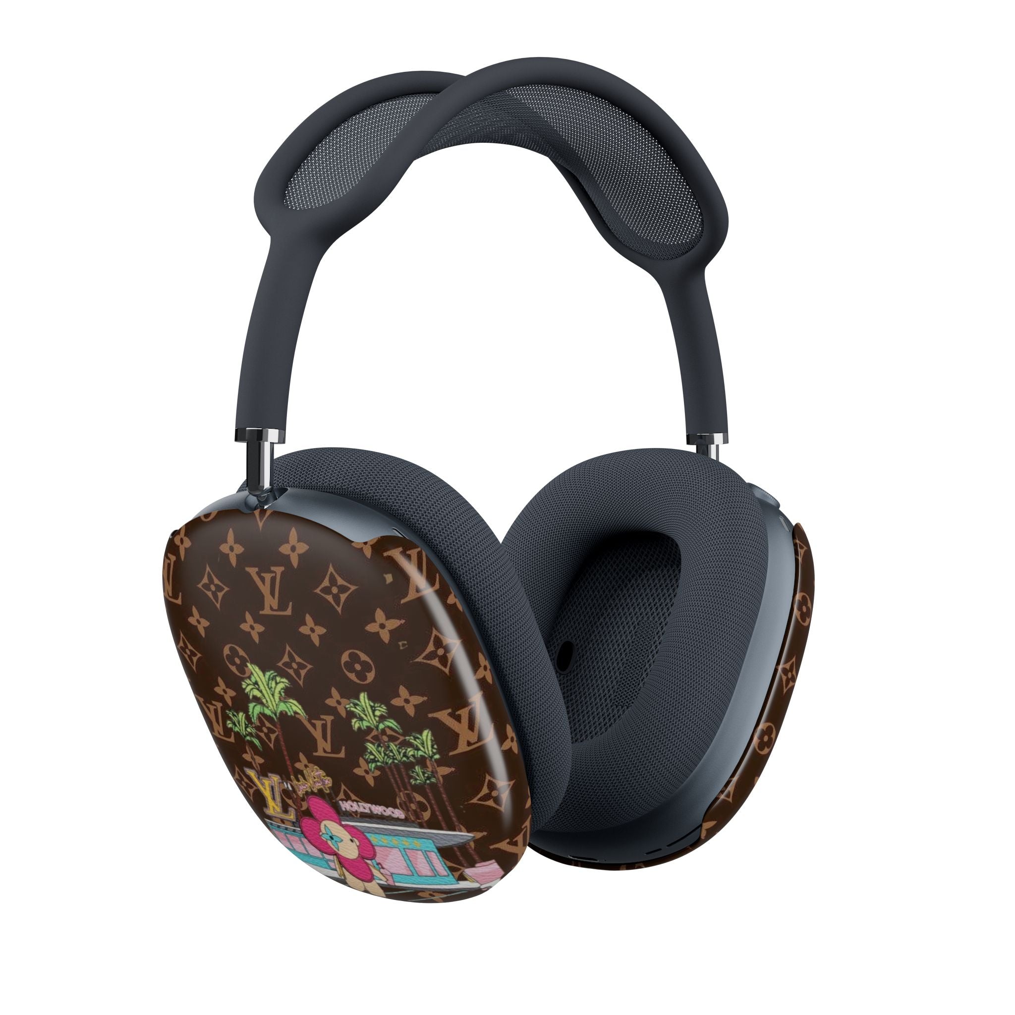AirPods Max case covers with brown monogram print, palm trees, and patio character art