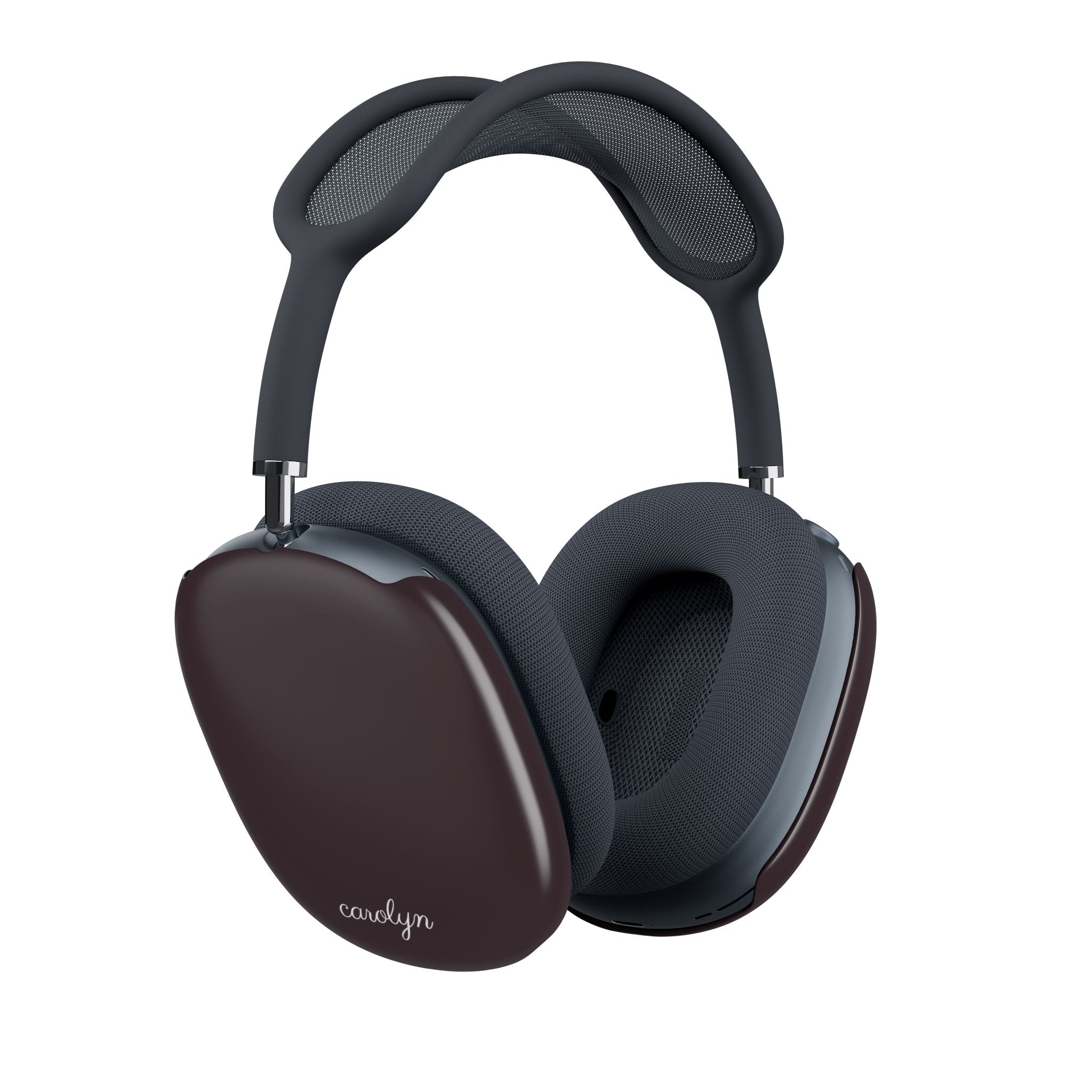 Plum AirPods Max earcup covers with “carolyn” on two front panels