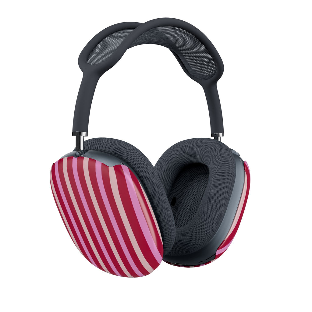 Striped case covers on headphones, berry pink and white vertical stripe ear shells.