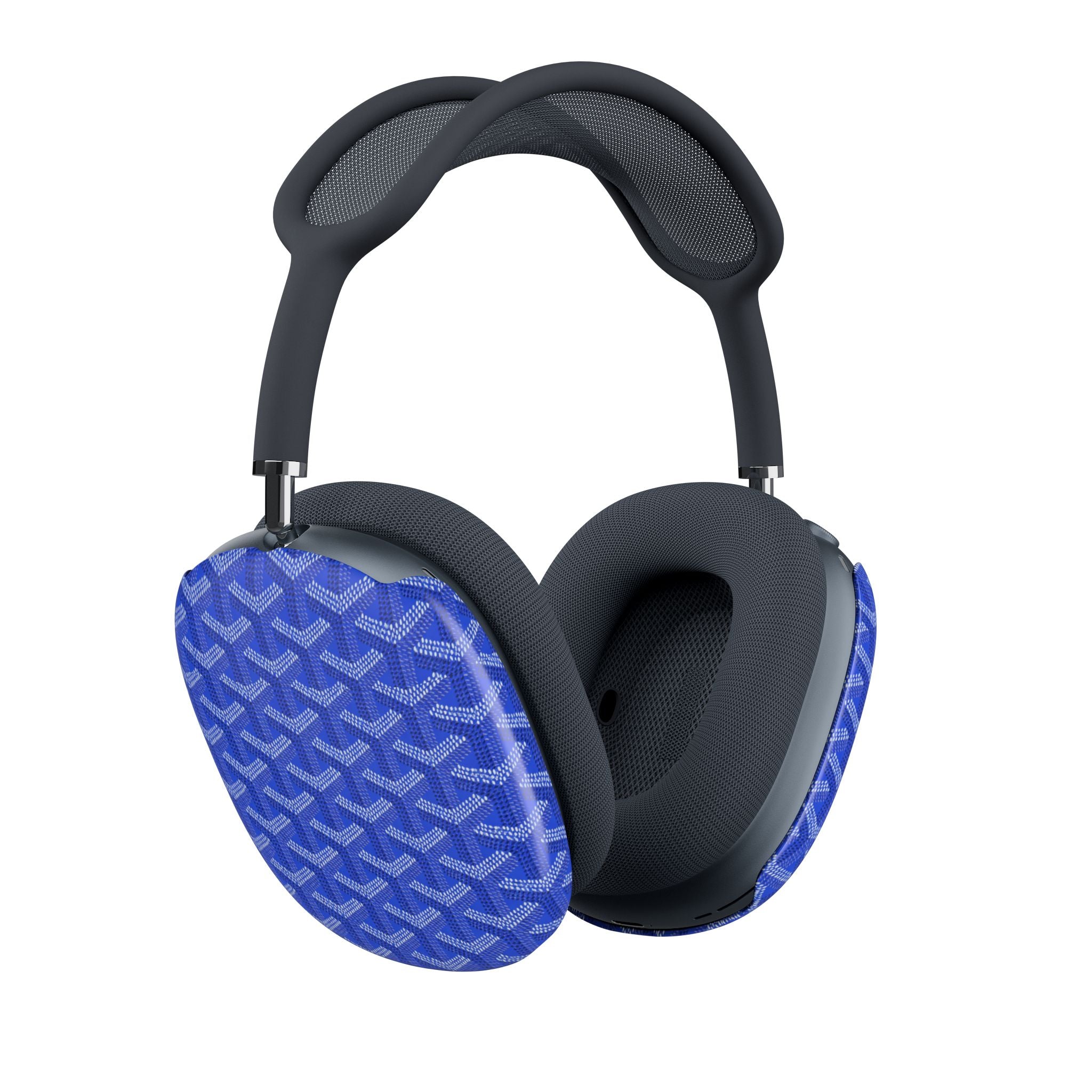 AirPods Max case covers on earcups, royal blue Goyard pattern with rounded edges