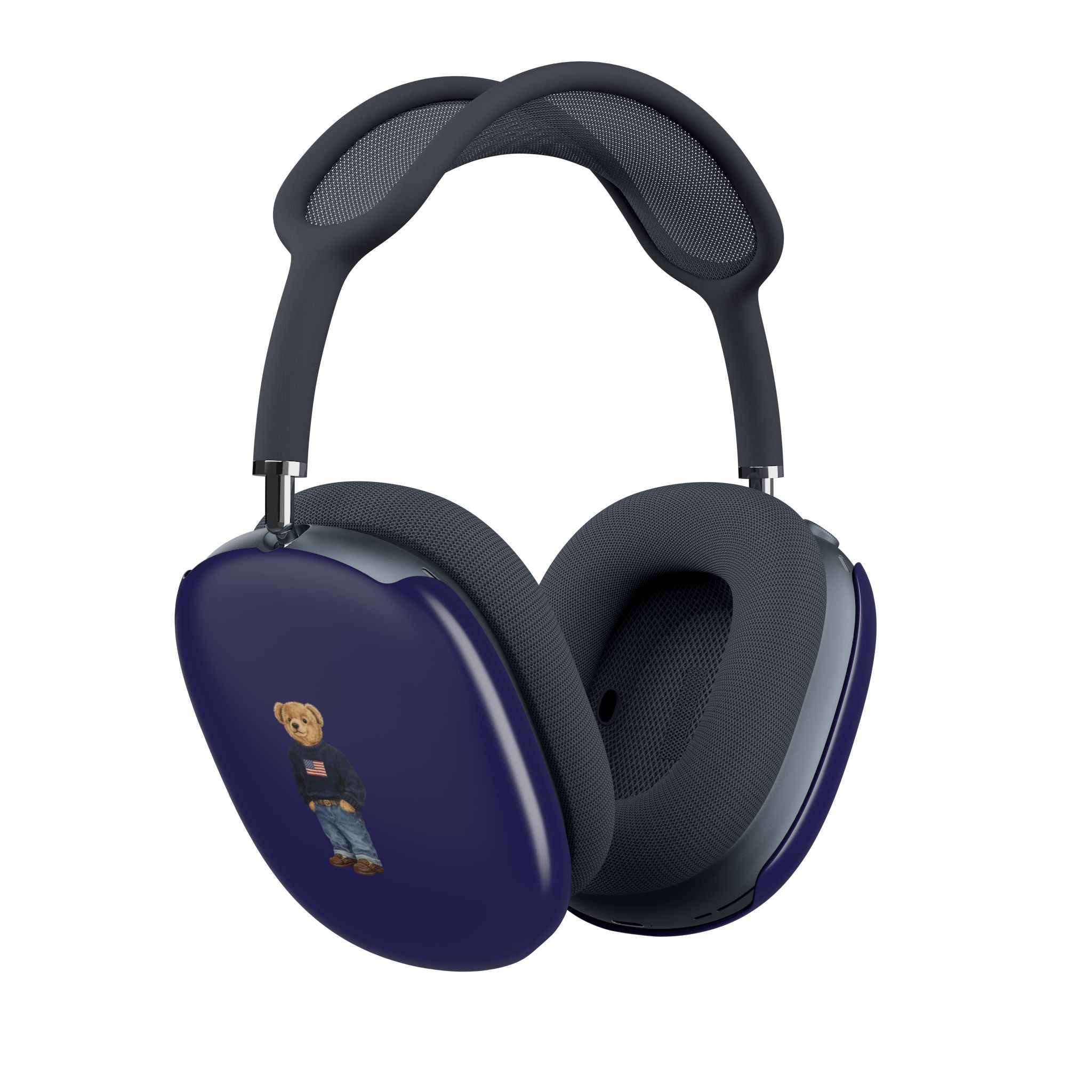 Navy AirPods Max case cover pair with teddy bear holding small American flag
