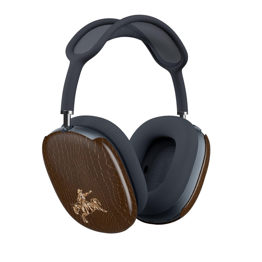 Brown croc western ear cup covers with gold cowboy horse emblem
