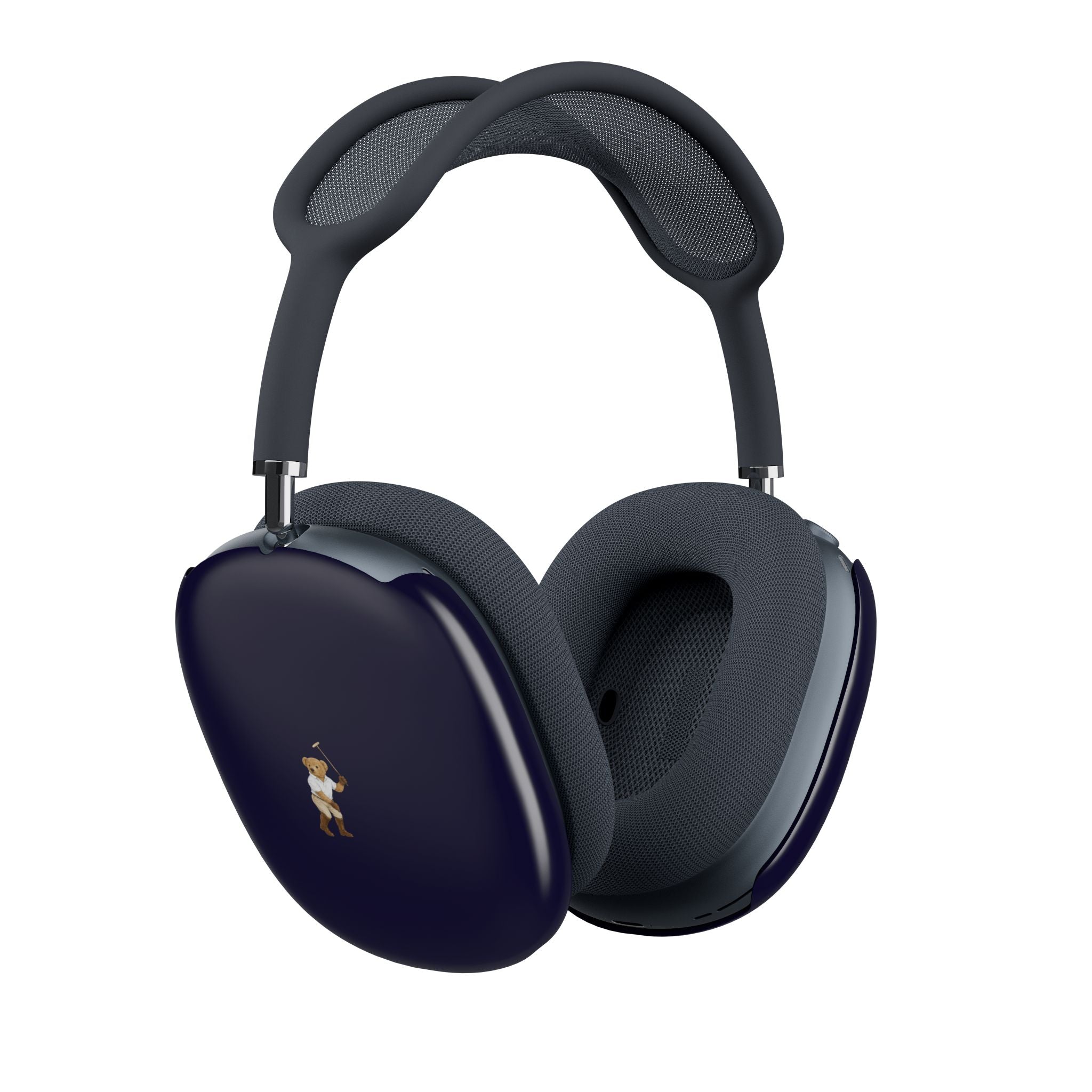 Navy teddy bear AirPods Max earcup covers, bear logo on dark headphone caps