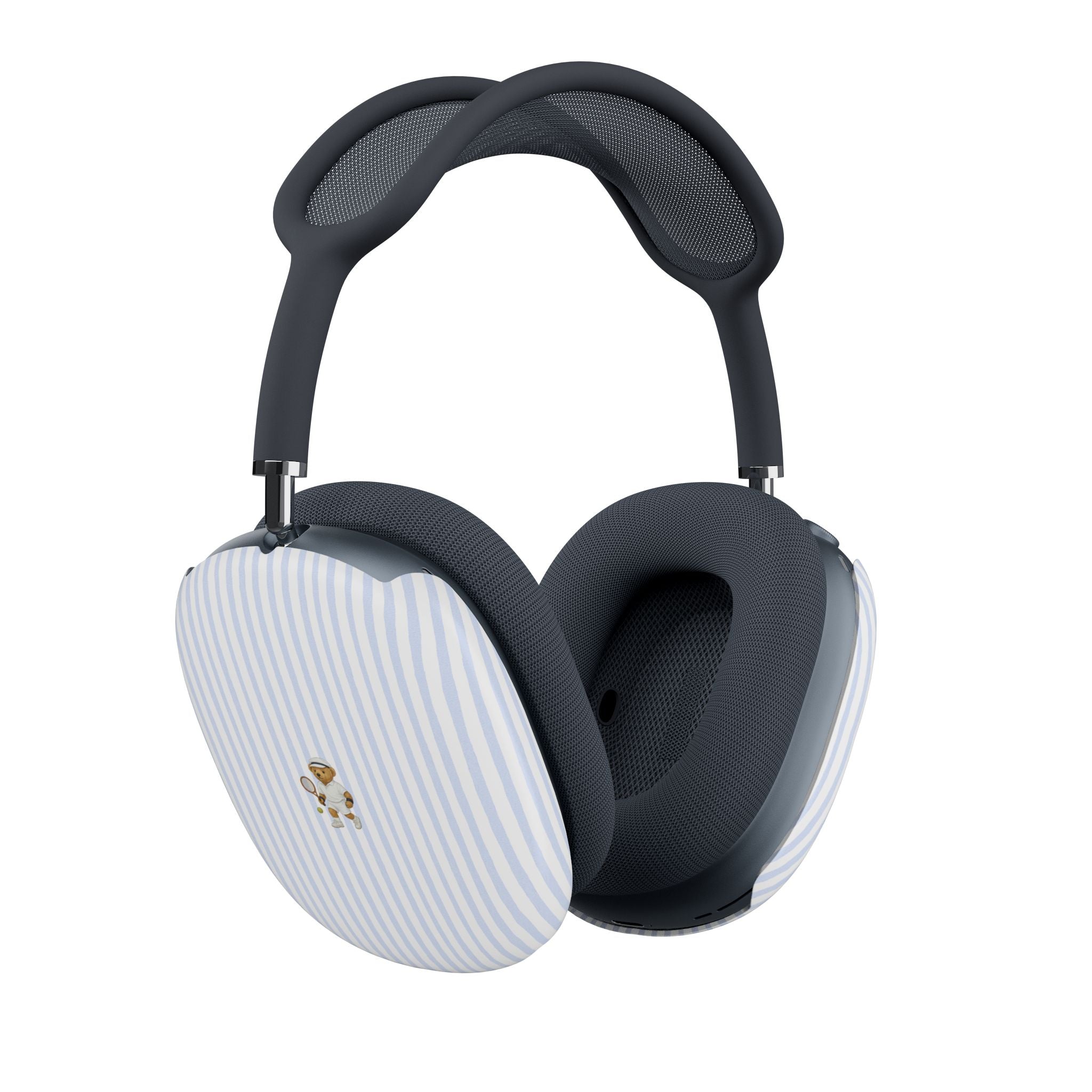 Blue striped teddy bear ear covers on AirPods Max headphones, front view