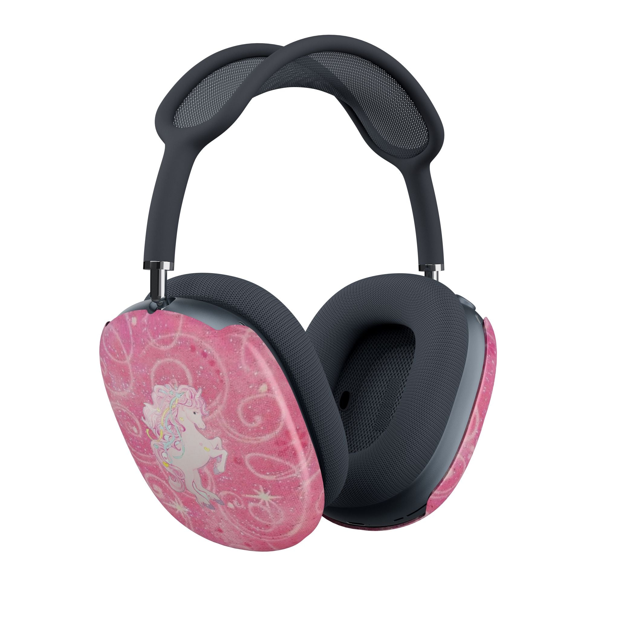 Pink glitter unicorn case cover for AirPods Max earcup, on dark headphones